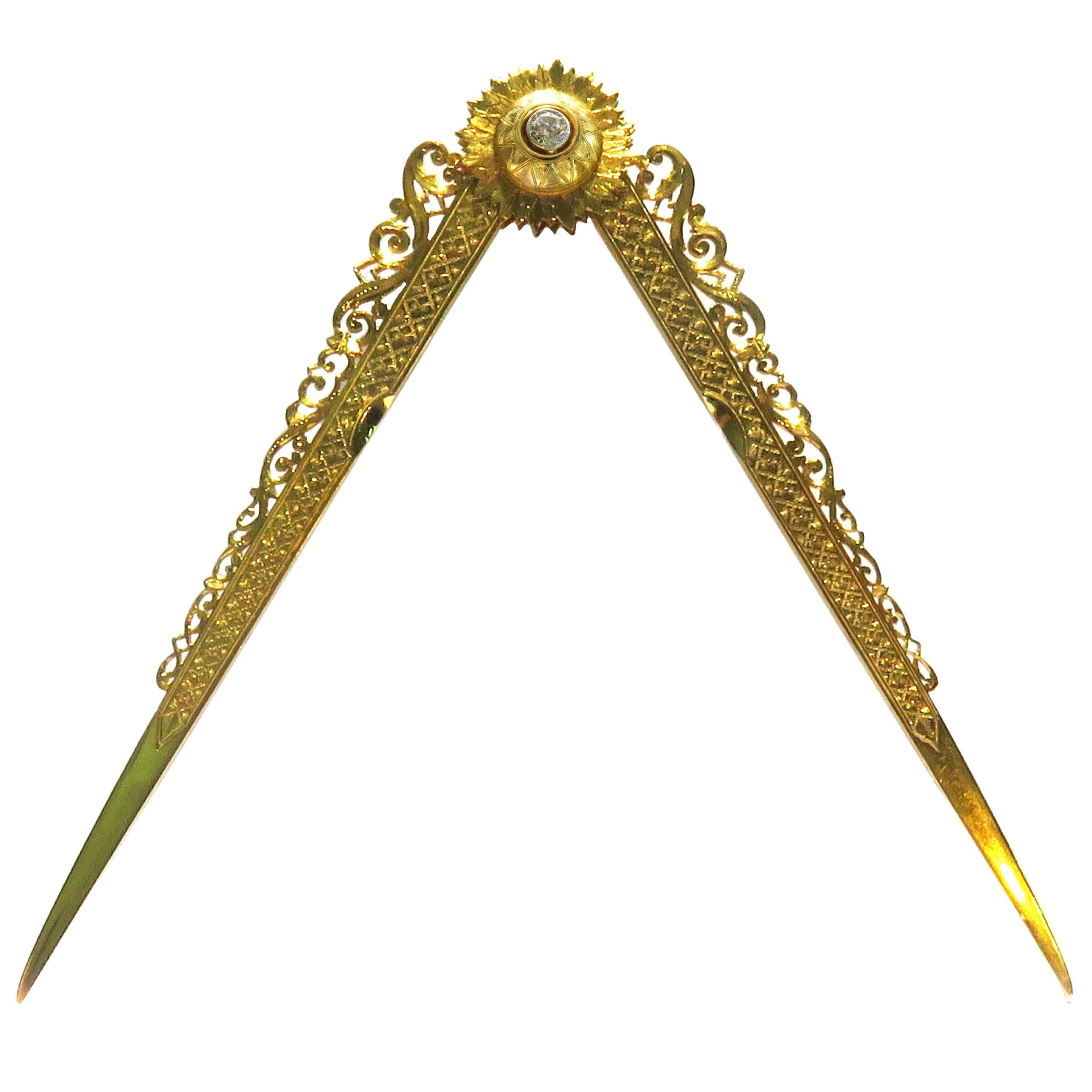 Large Antique Diamond Masonic Gold Compass Incredibly Hand-Engraved