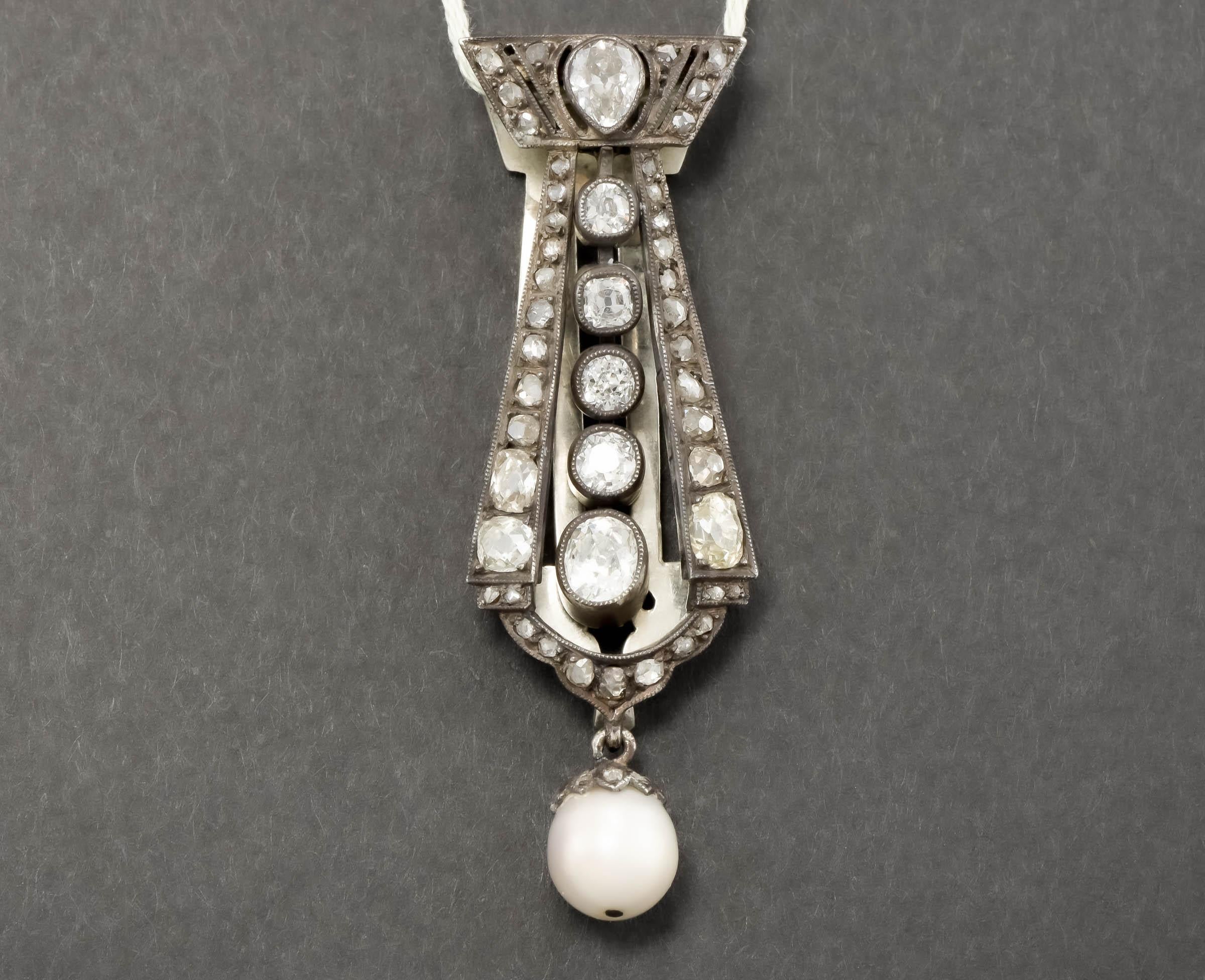 Large Antique Diamond Pendant or Clip with Old Mine & Rose Cuts, Approx 1.98 Ctw For Sale 3