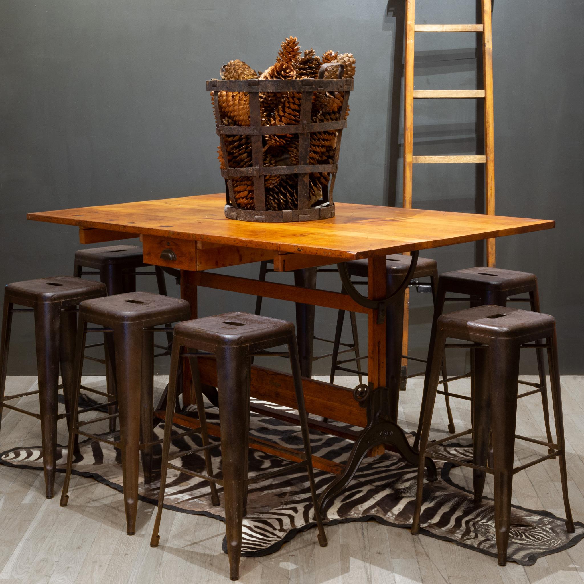 ABOUT

Contact us for more shipping options: S16 Home San Francisco. 

A large fully adjustable industrial drafting table with solid wood top, cast iron base, original label and brass ID tag. Large pull out drawer which is unusual for drafting
