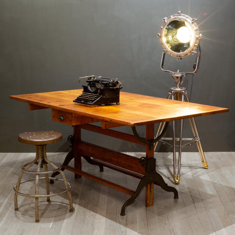 Large Antique Dietzgen Wood and Cast Iron Drafting Table, circa 1930
