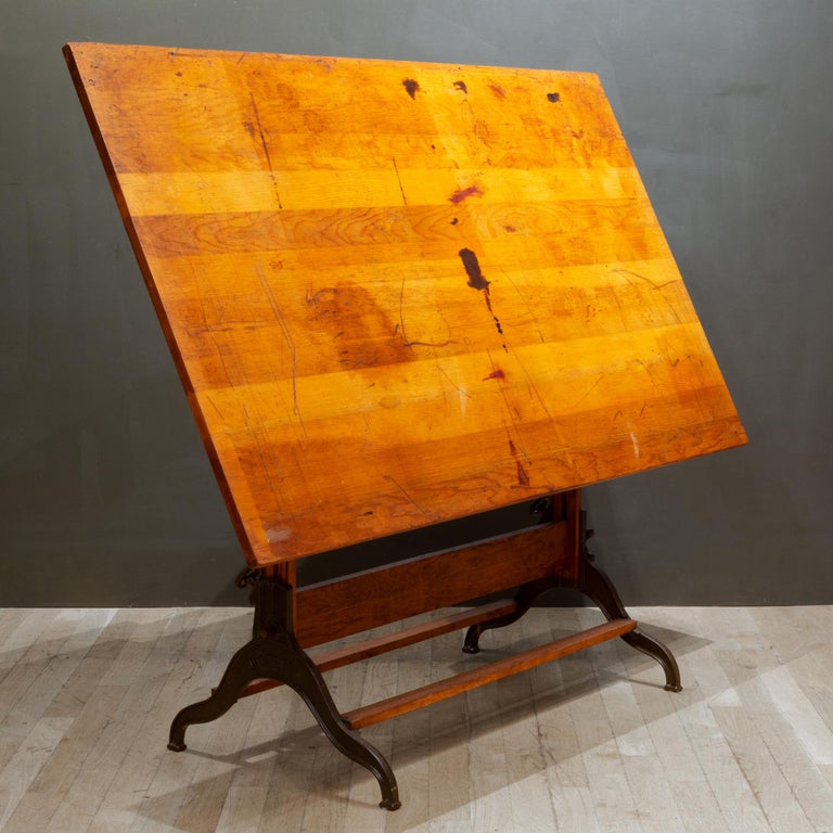 Large Antique Dietzgen Wood and Cast Iron Drafting Table, circa 1930