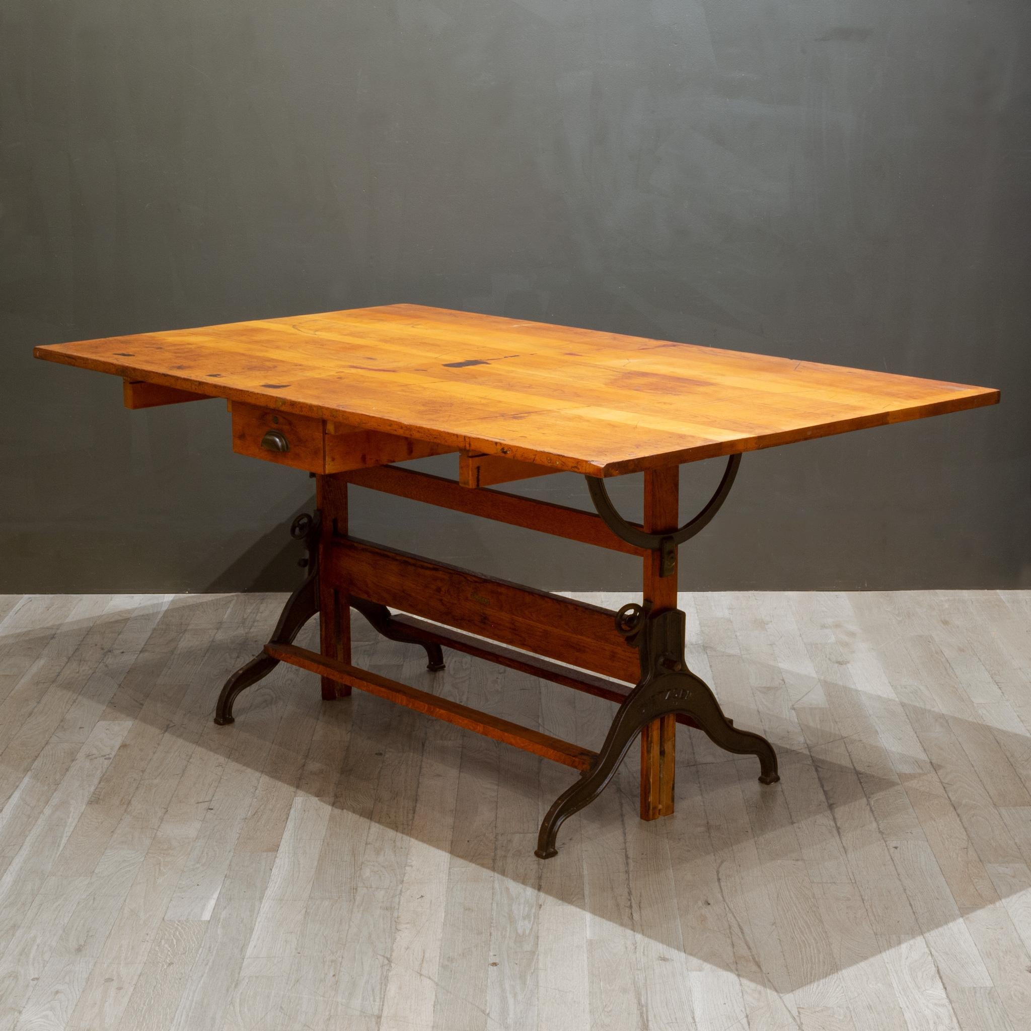 Industrial Large Antique Dietzgen Wood and Cast Iron Drafting Table, circa 1930