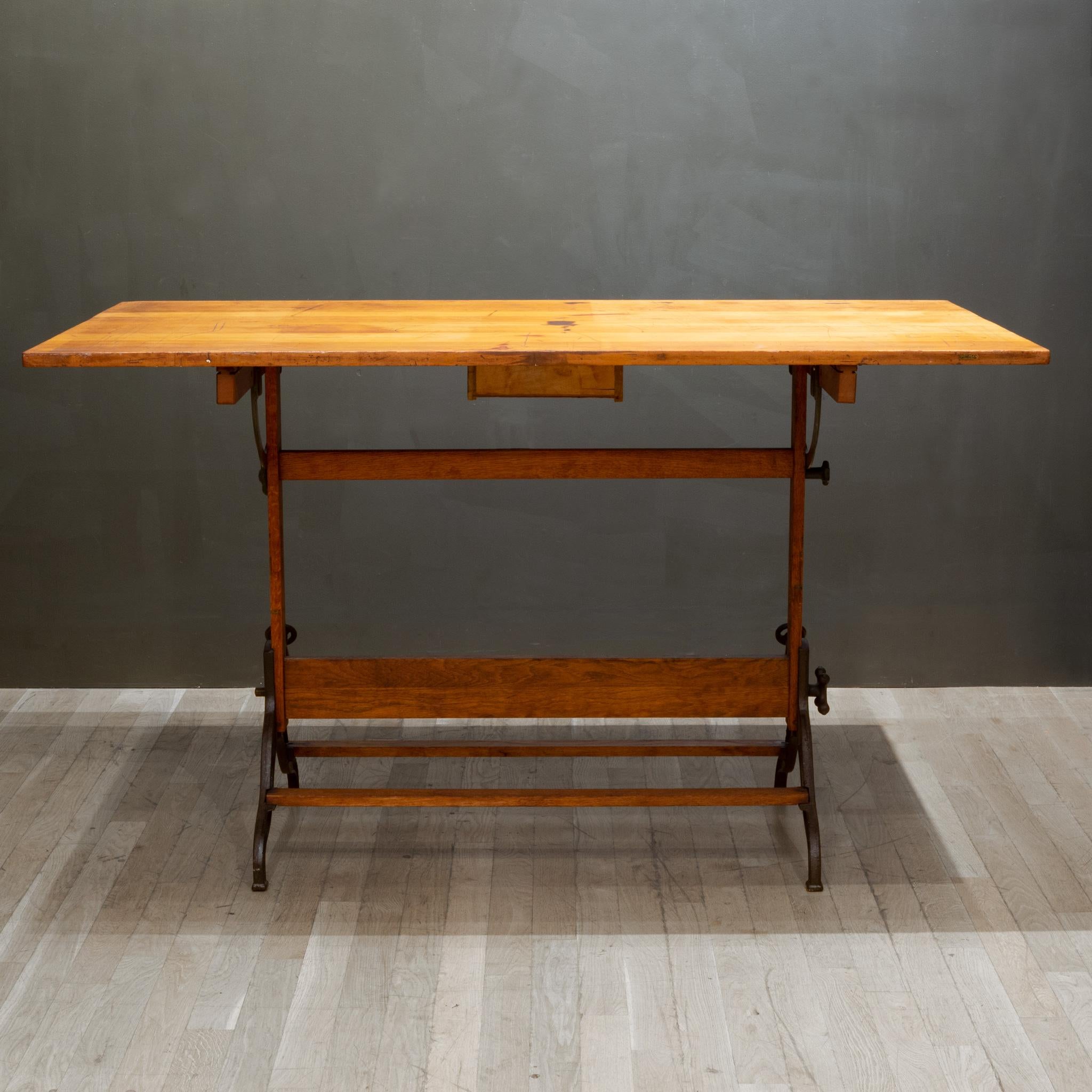 American Large Antique Dietzgen Wood and Cast Iron Drafting Table, circa 1930