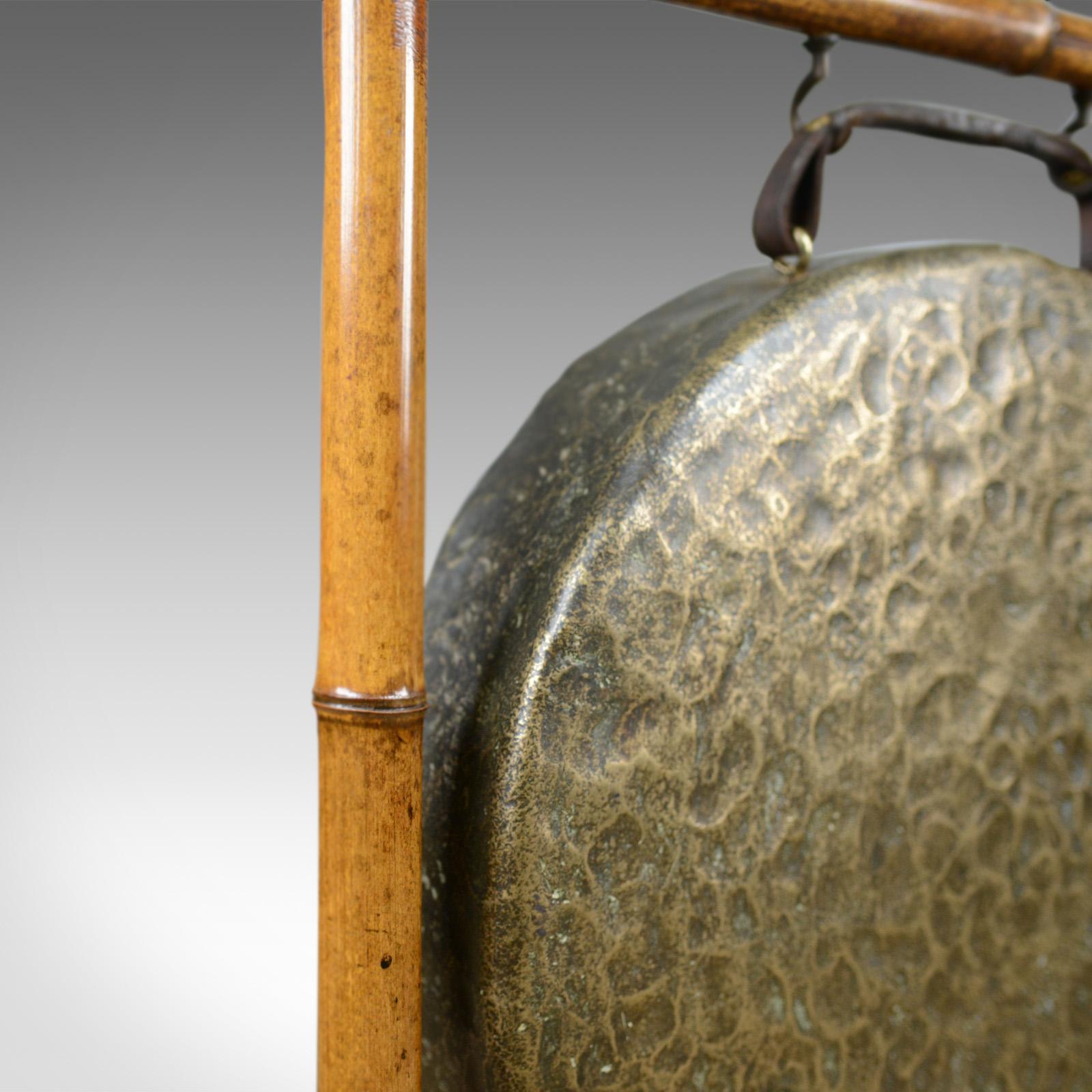 English Large Antique Dinner Gong, Bamboo Frame, Victorian Instrument, circa 1890