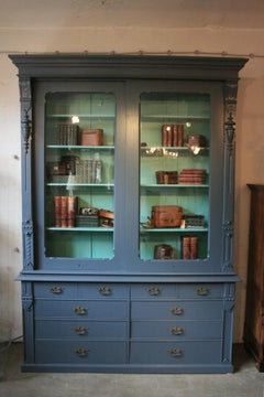 Large Antique Display Cabinet with Sliding Doors, handpainted blue
