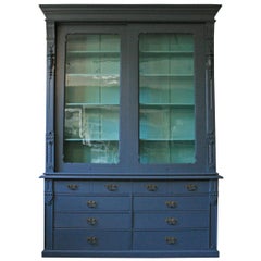 Large Antique Display Cabinet with Sliding Doors, handpainted blue
