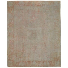 Large Antique Distressed Coral Wool Hand Knotted Turkish Oushak Rug Large Antique Distressed Coral Wool Hand Knotted Turkish Oushak Rug