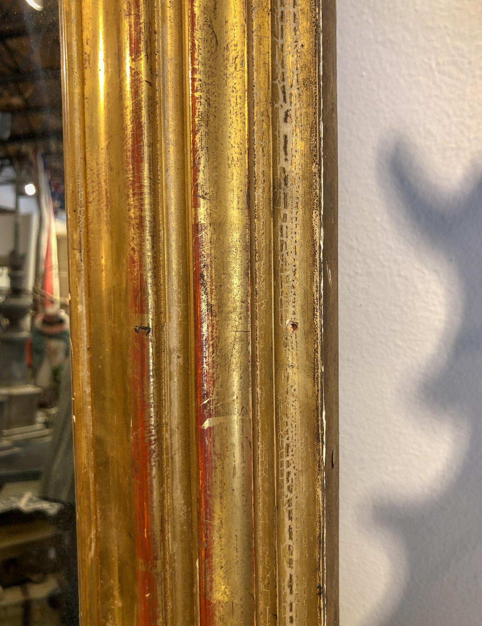 Large Antique Distressed French Trumeau Gilt Frame with New Mirror In Distressed Condition In Houston, TX