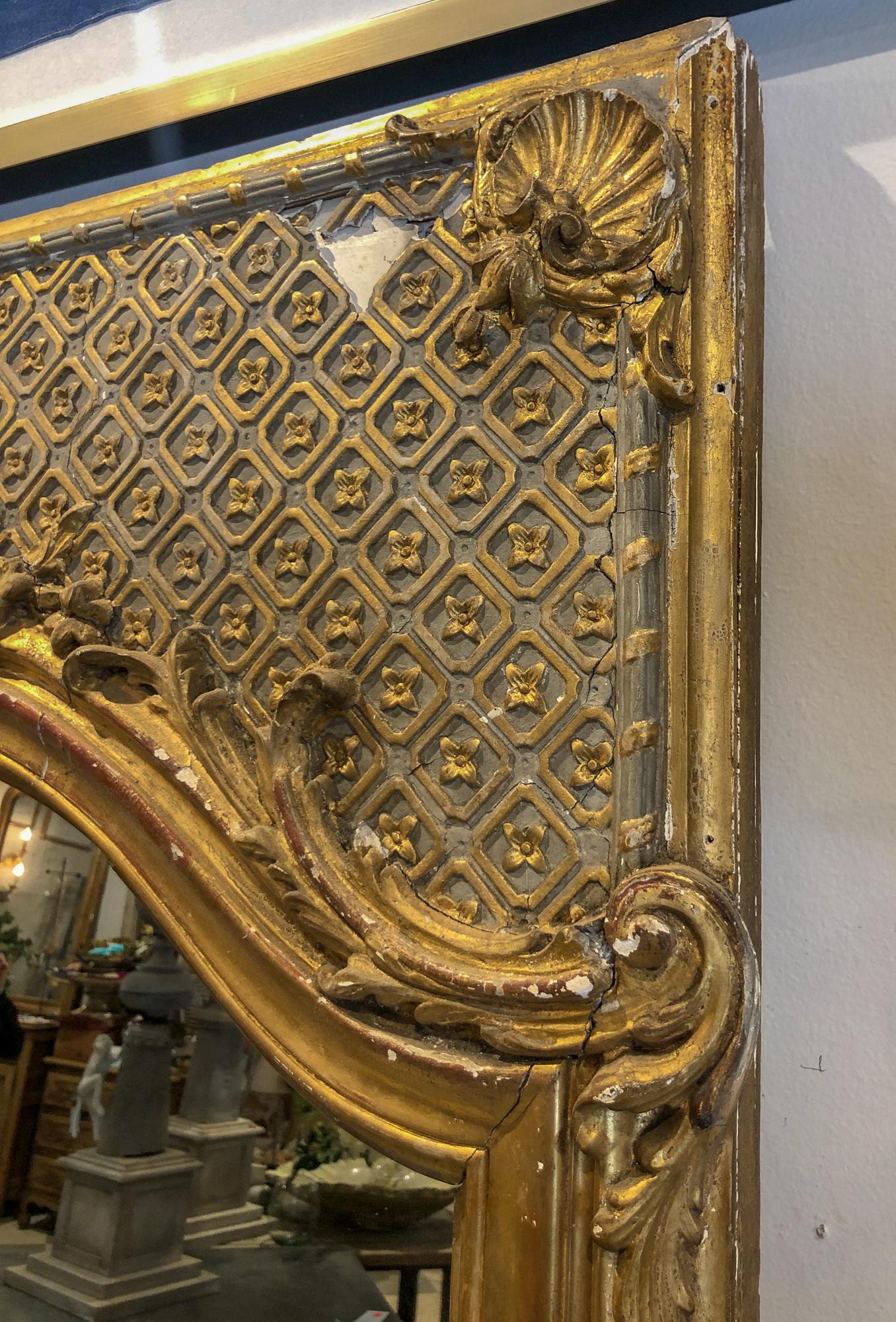 Early 20th Century Large Antique Distressed French Trumeau Gilt Frame with New Mirror