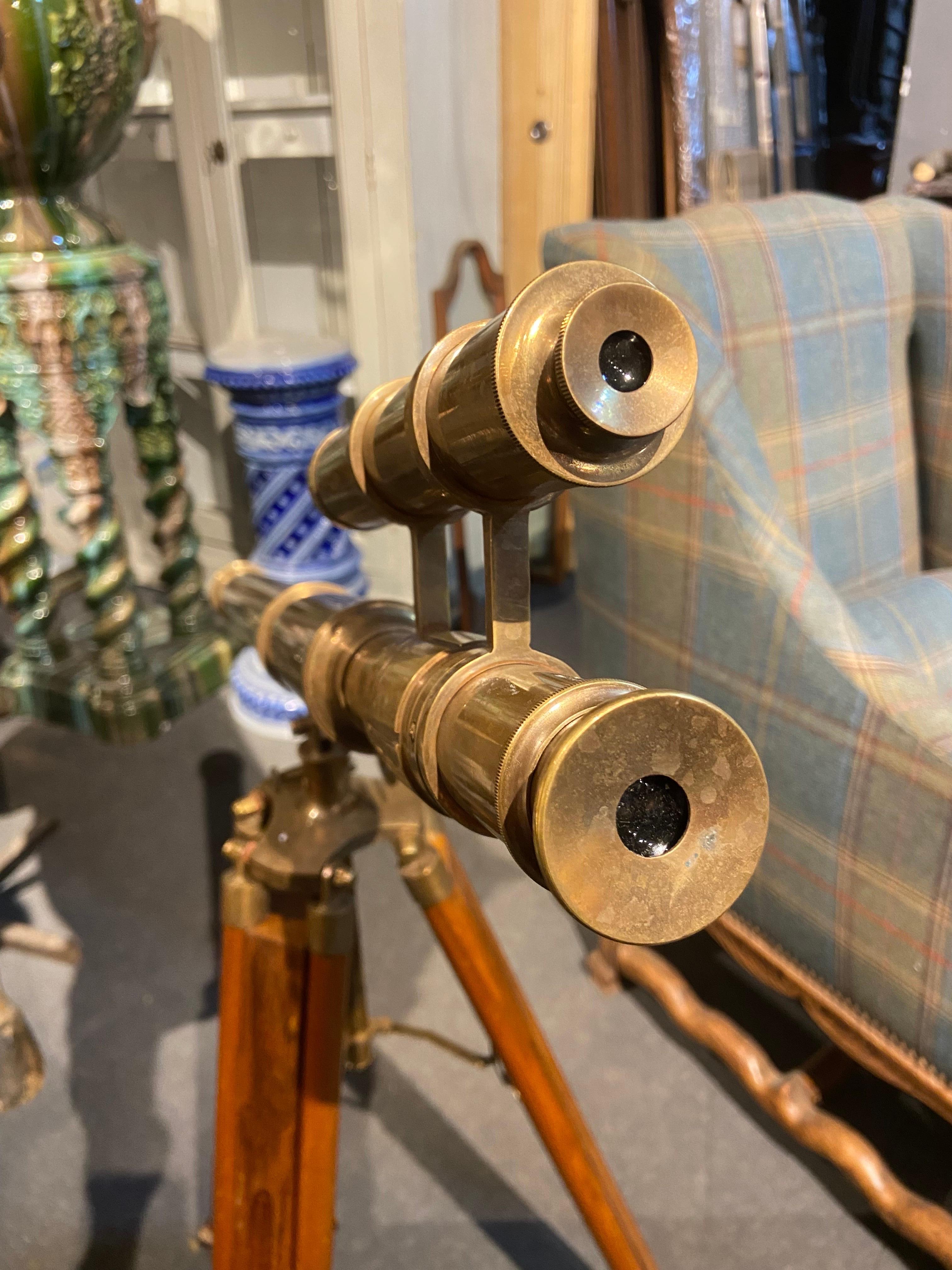 Large Antique Double Barel Victorian Brass Tripod Telescope London 1915 For Sale 2