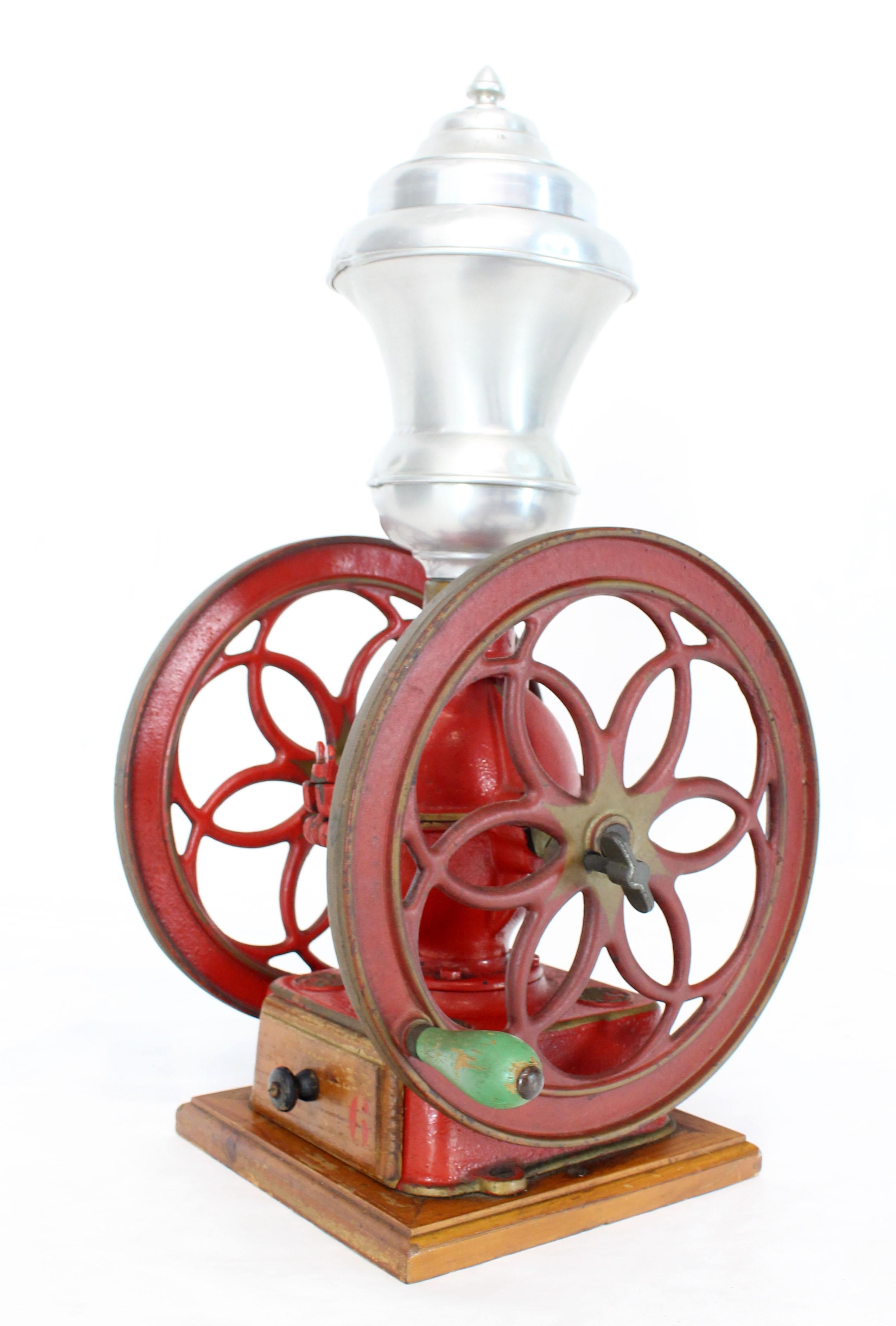 Large Antique Double Cast Iron Wheel Coffee Grinder Fire Red Very Clean 3