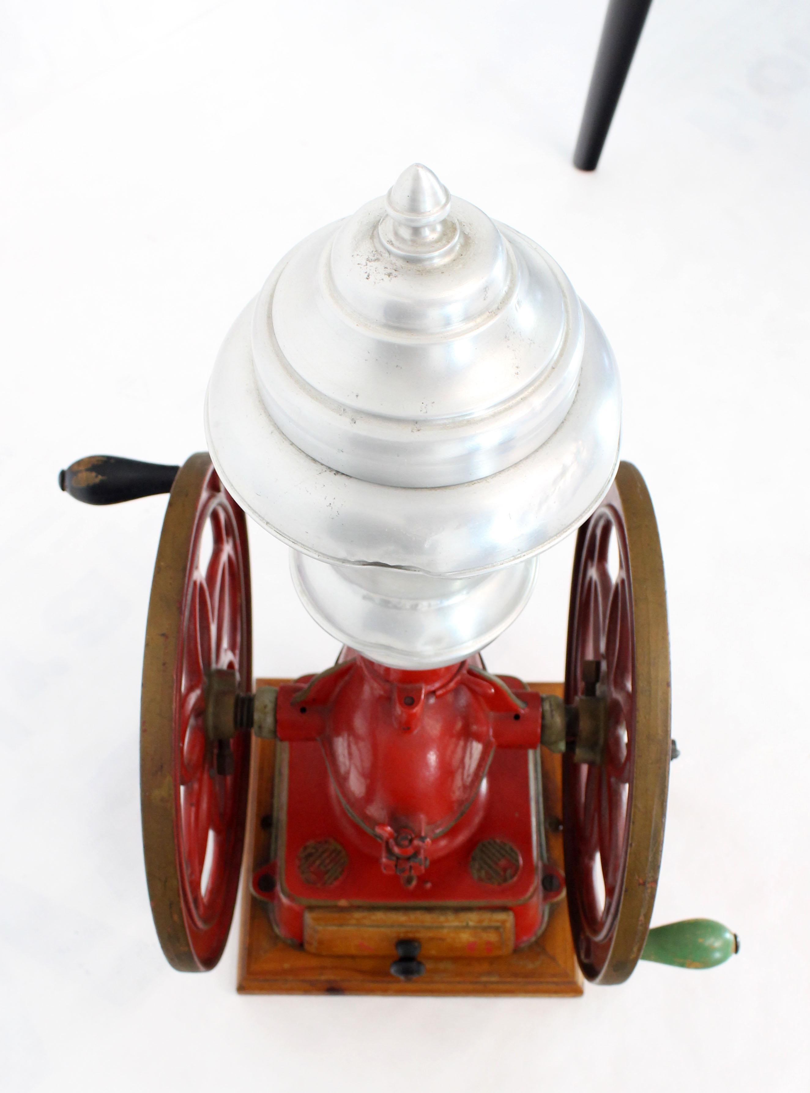 Large Antique Double Cast Iron Wheel Coffee Grinder Fire Red Very Clean In Good Condition In Rockaway, NJ