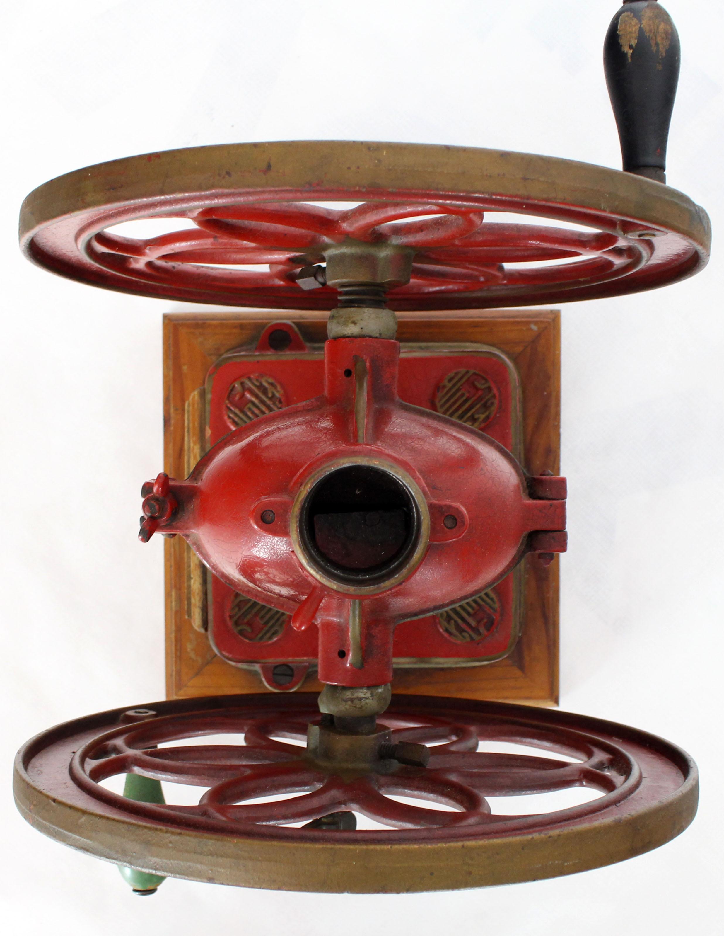 Cast Stone Large Antique Double Cast Iron Wheel Coffee Grinder Fire Red Very Clean