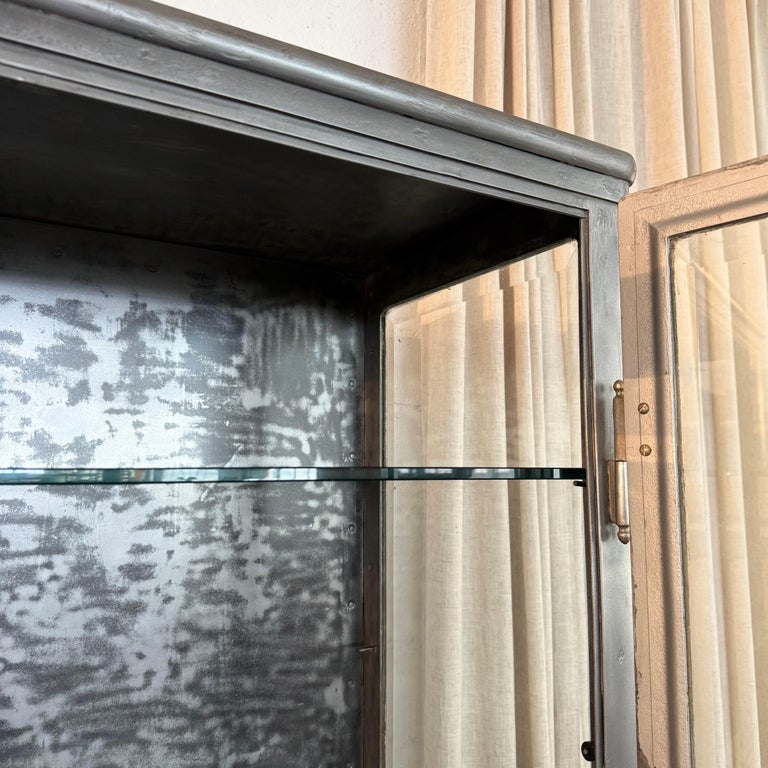 Large Antique Double Door Brushed Steel Apothecary Vitrine Cabinet For Sale at 1stDibs