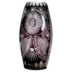 Large Antique Dresden Amethyst Cut To Clear Crystal Vase with Hunt Scene 20thC