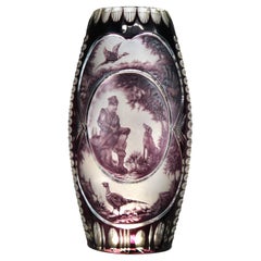 Large Antique Dresden Amethyst Cut To Clear Crystal Vase with Hunt Scene 20thC