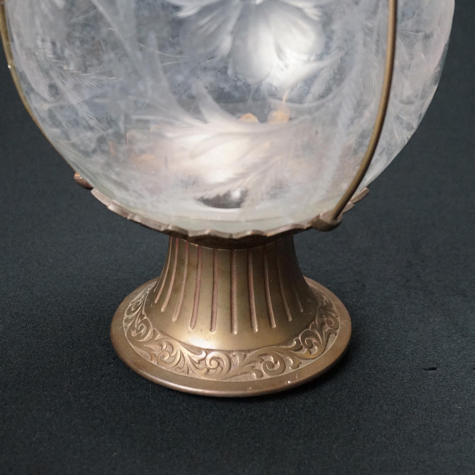Large Antique Drug Store Apothecary Show Globe With Floral Etched Glass, c1925 3