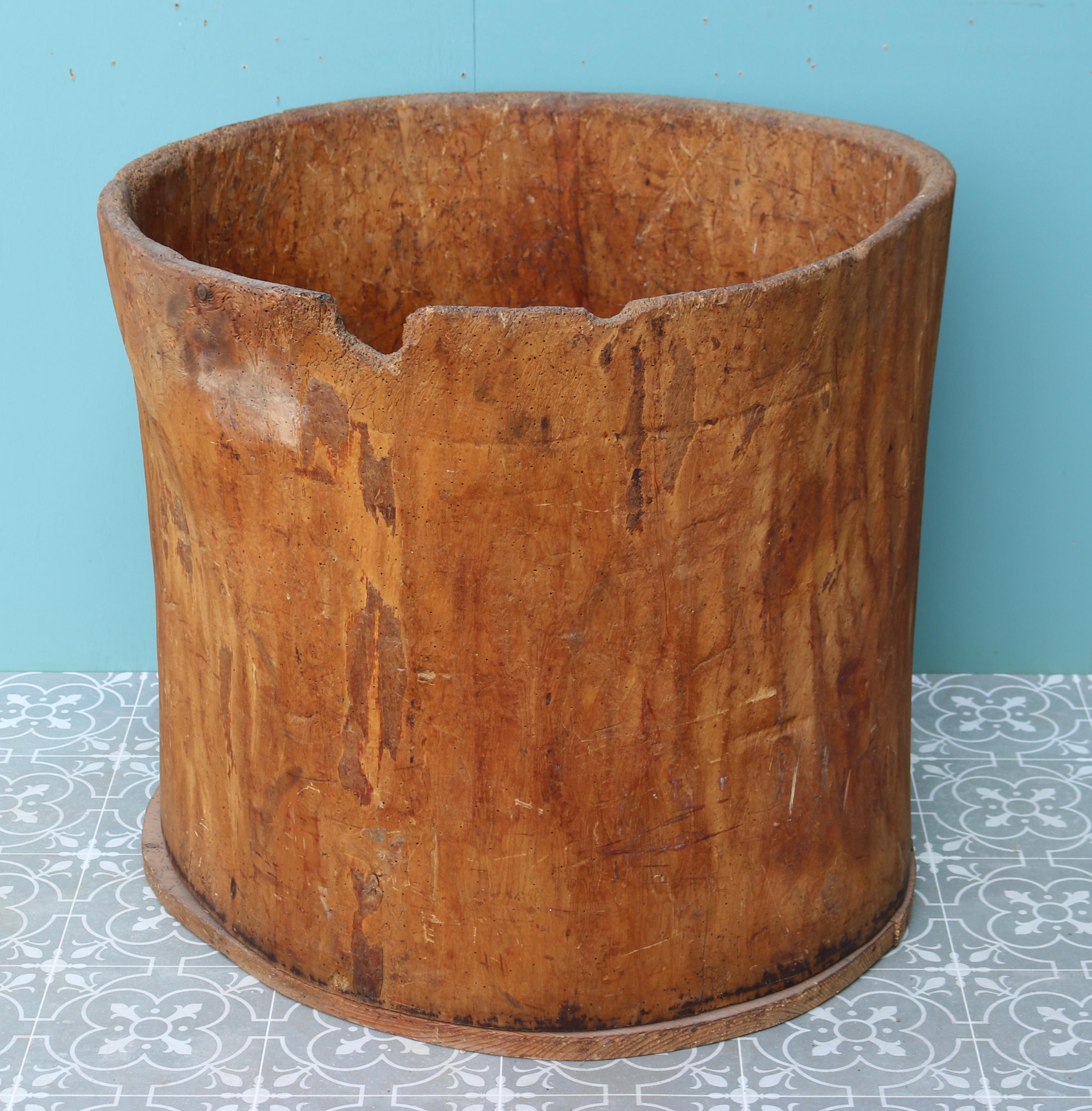 A reclaimed log basket formed from a hollowed tree trunk.