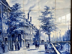 Große große antike holländische Delfter Wandplakette in Blau und Weiß mit 20 Kacheln in Eichenholzrahmen