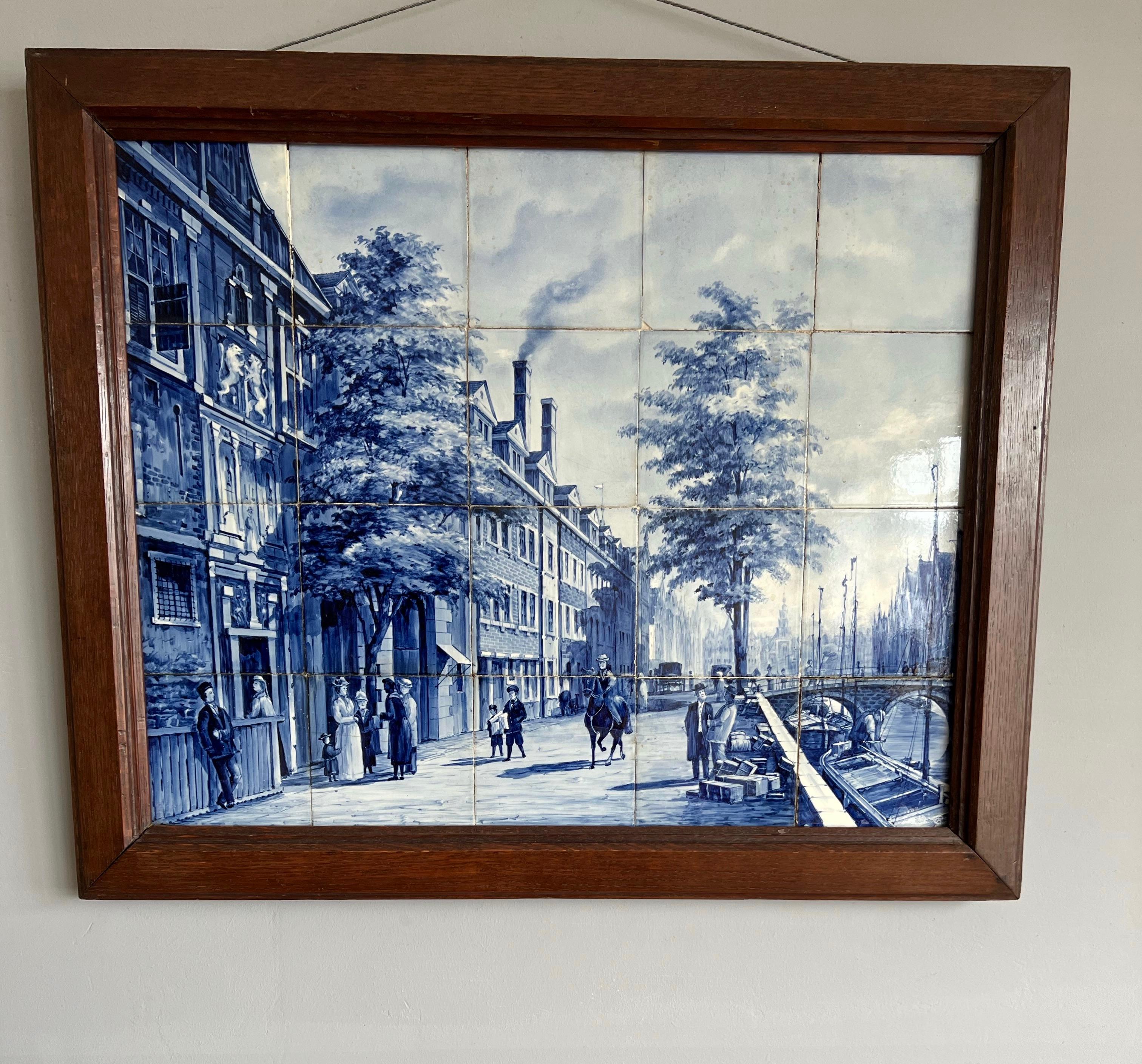 Large Antique Dutch Delft Blue and White Wall Plaque with 20 Tiles in Oak Frame 15