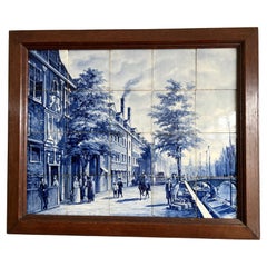 Large Antique Dutch Delft Blue and White Wall Plaque with 20 Tiles in Oak Frame