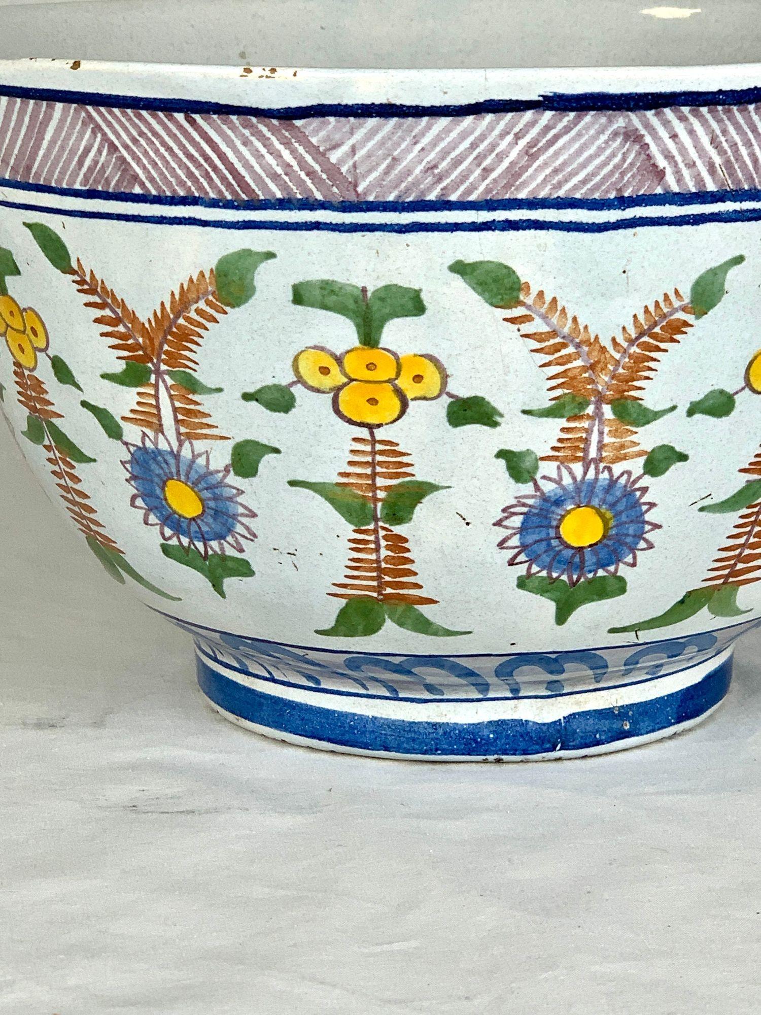 Folk Art Large Antique Dutch Delft Bowl with Hand Painted Floral Decoration Circa 1880 For Sale
