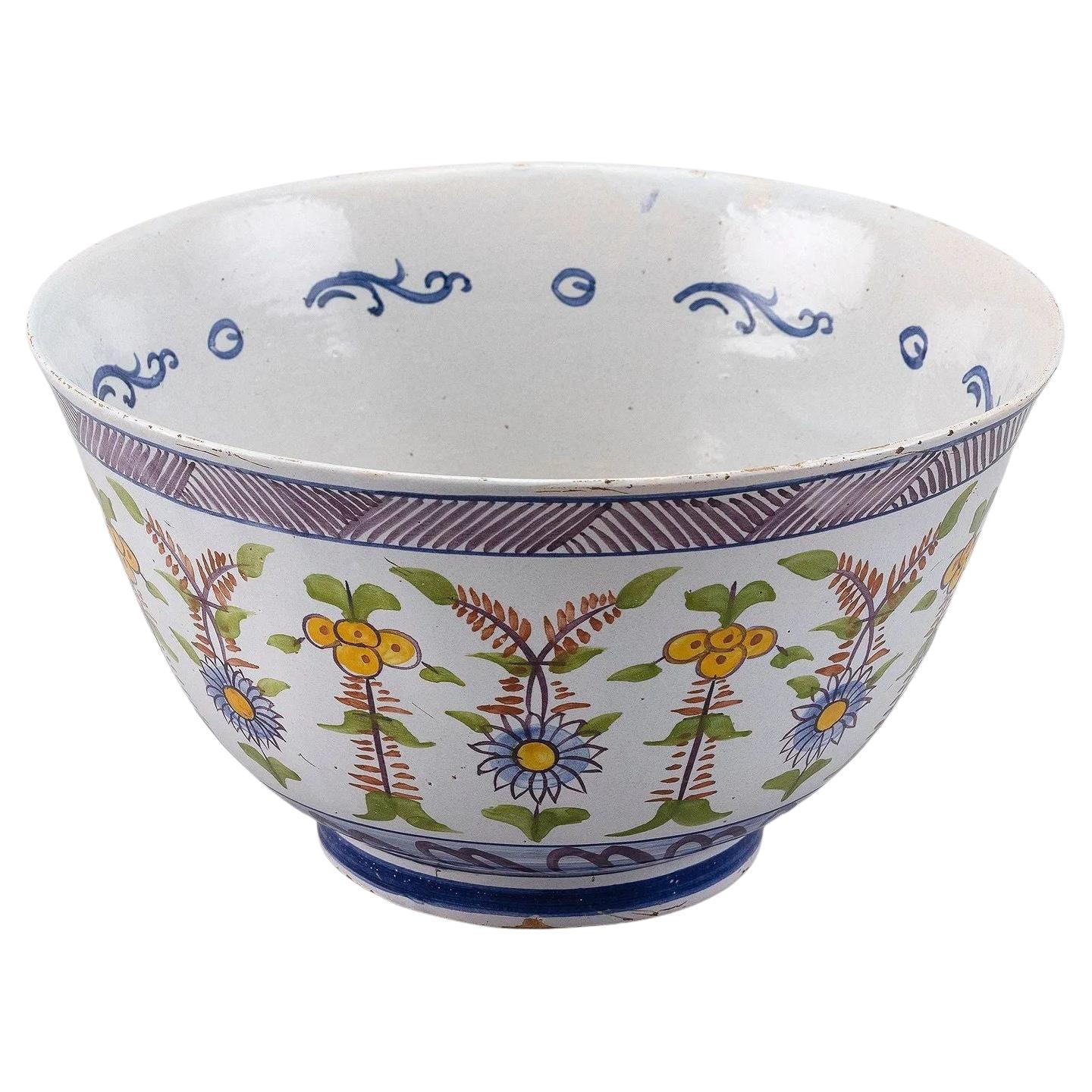 Large Antique Dutch Delft Bowl with Hand Painted Floral Decoration Circa 1880 For Sale