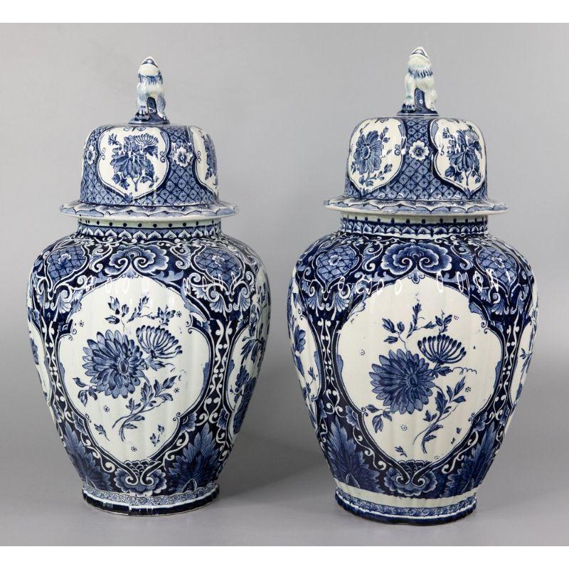 20th Century Large Antique Dutch Delft Lidded Ginger Jars Vases, Set of 2