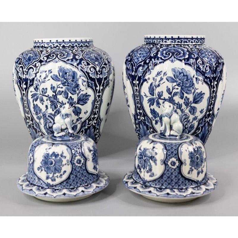 Large Antique Dutch Delft Lidded Ginger Jars Vases, Set of 2 1