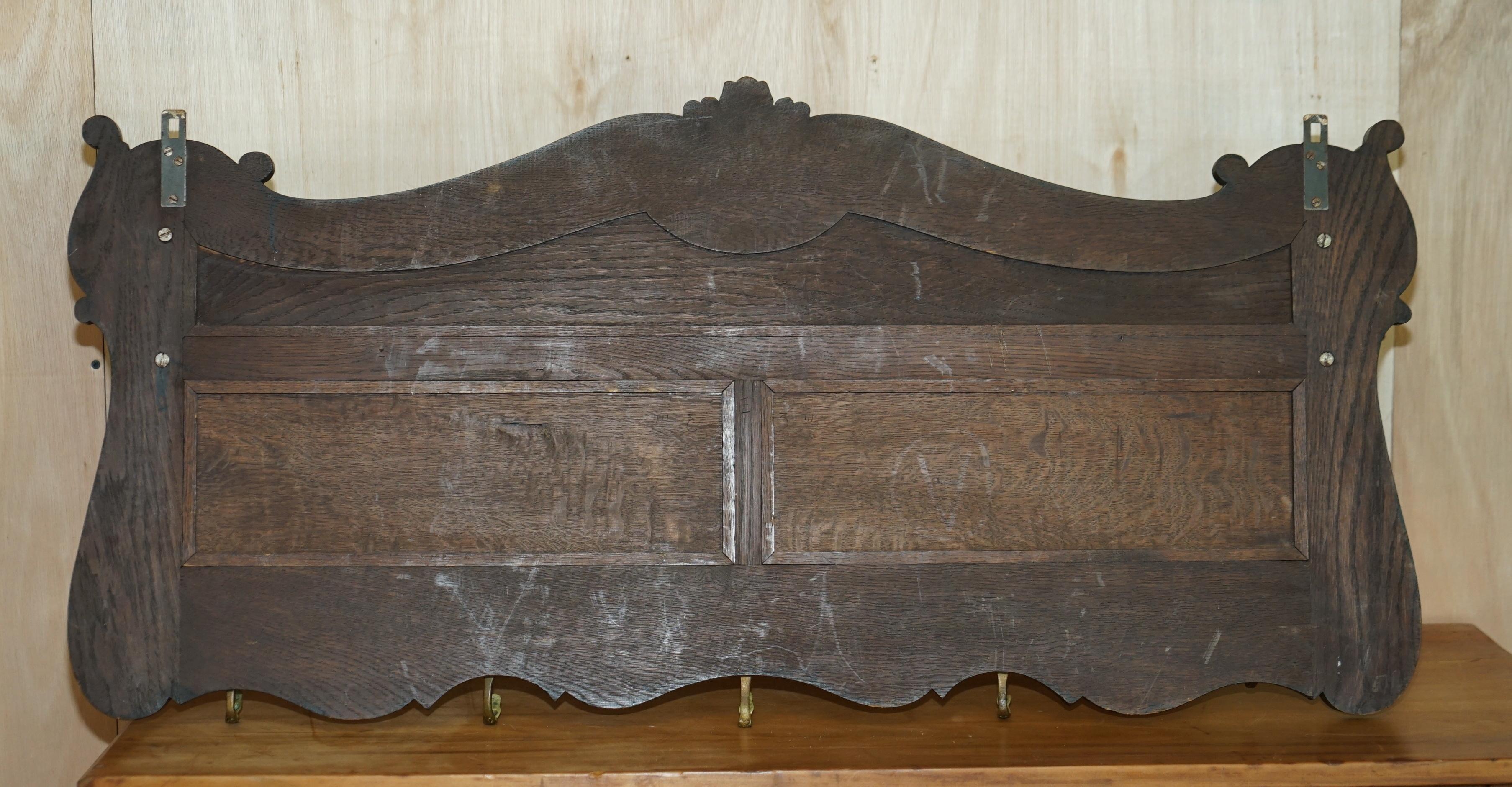 Large Antique Dutch Fine Carved Oak Coat Hat Scarf Wall Rack Hanger Cherub Hooks For Sale 2