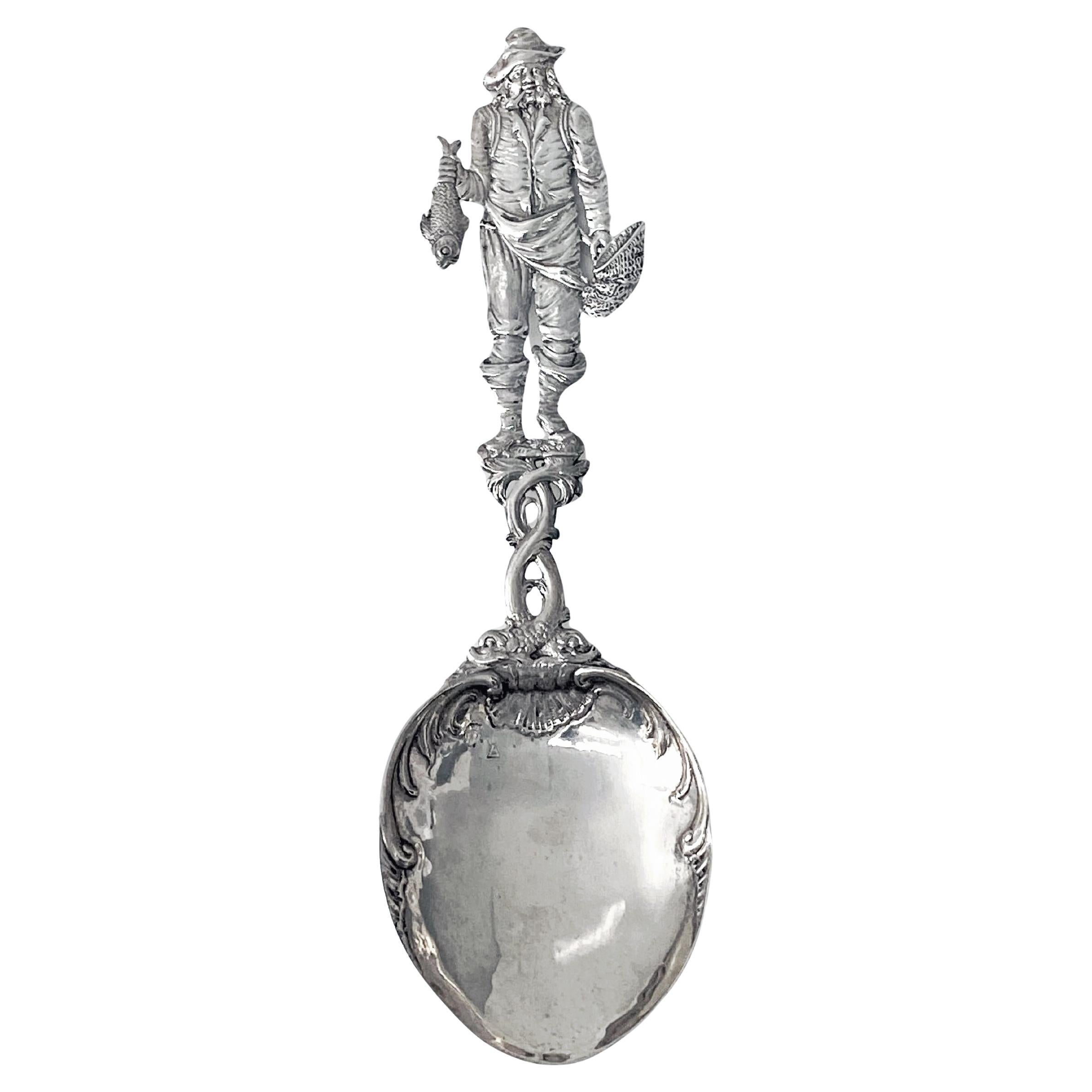 Large Antique Dutch Silver Fisherman Salmon Spoon