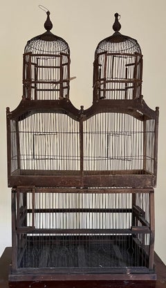 Large Antique Early 20th Century French Wood and Wire Turreted Bird Cage