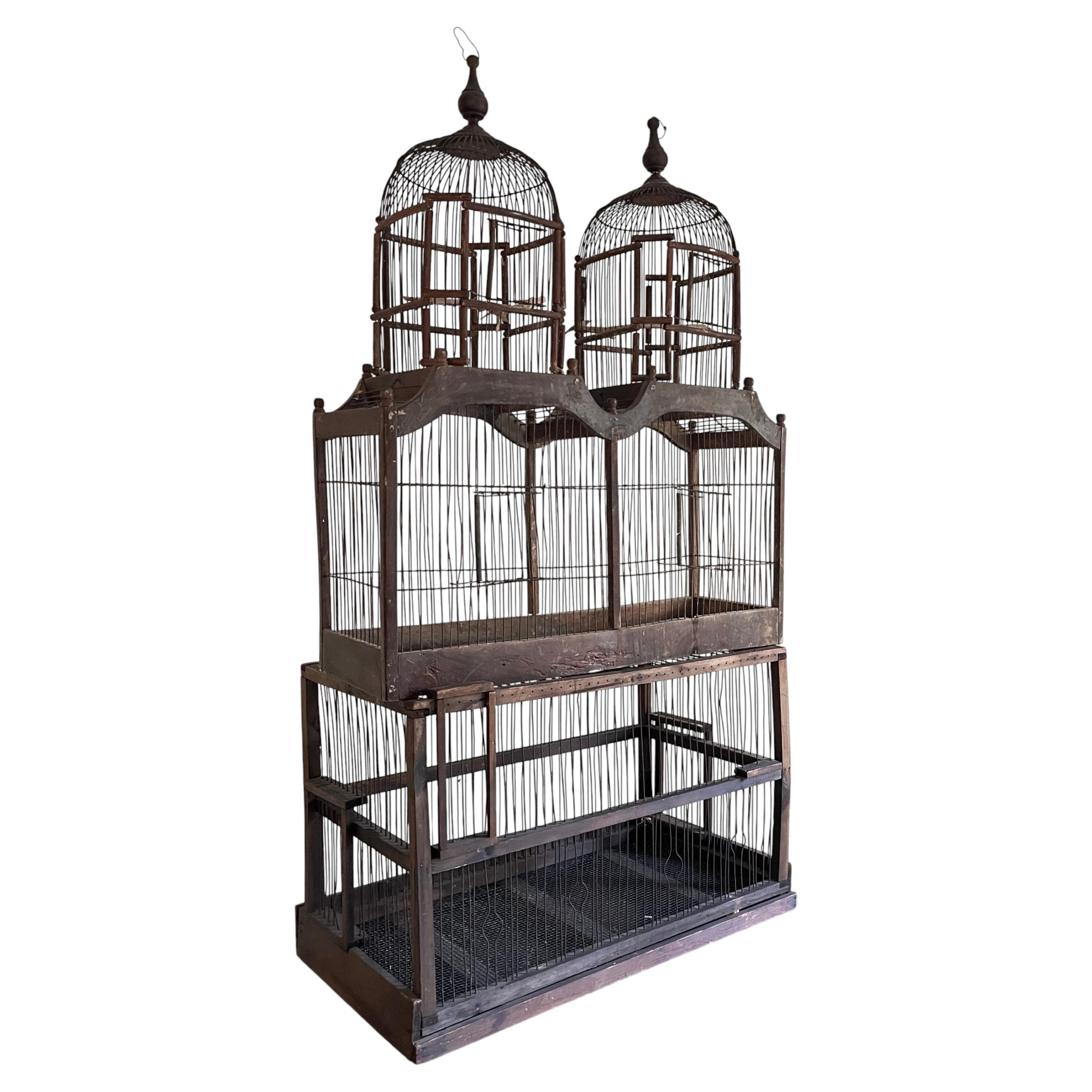 Large Antique Early 20th Century French Wood and Wire Turreted Bird Cage