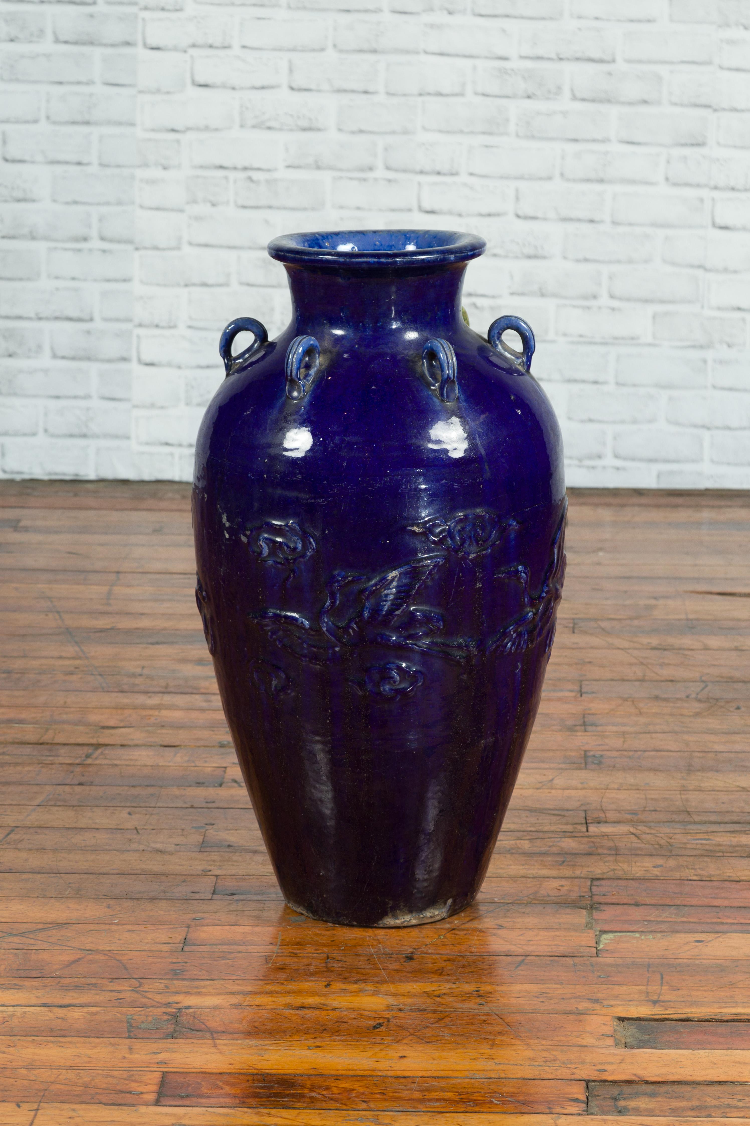 Large Antique Early 20th Century Vietnamese Blue Martaban Jar with Raised Motifs For Sale 2