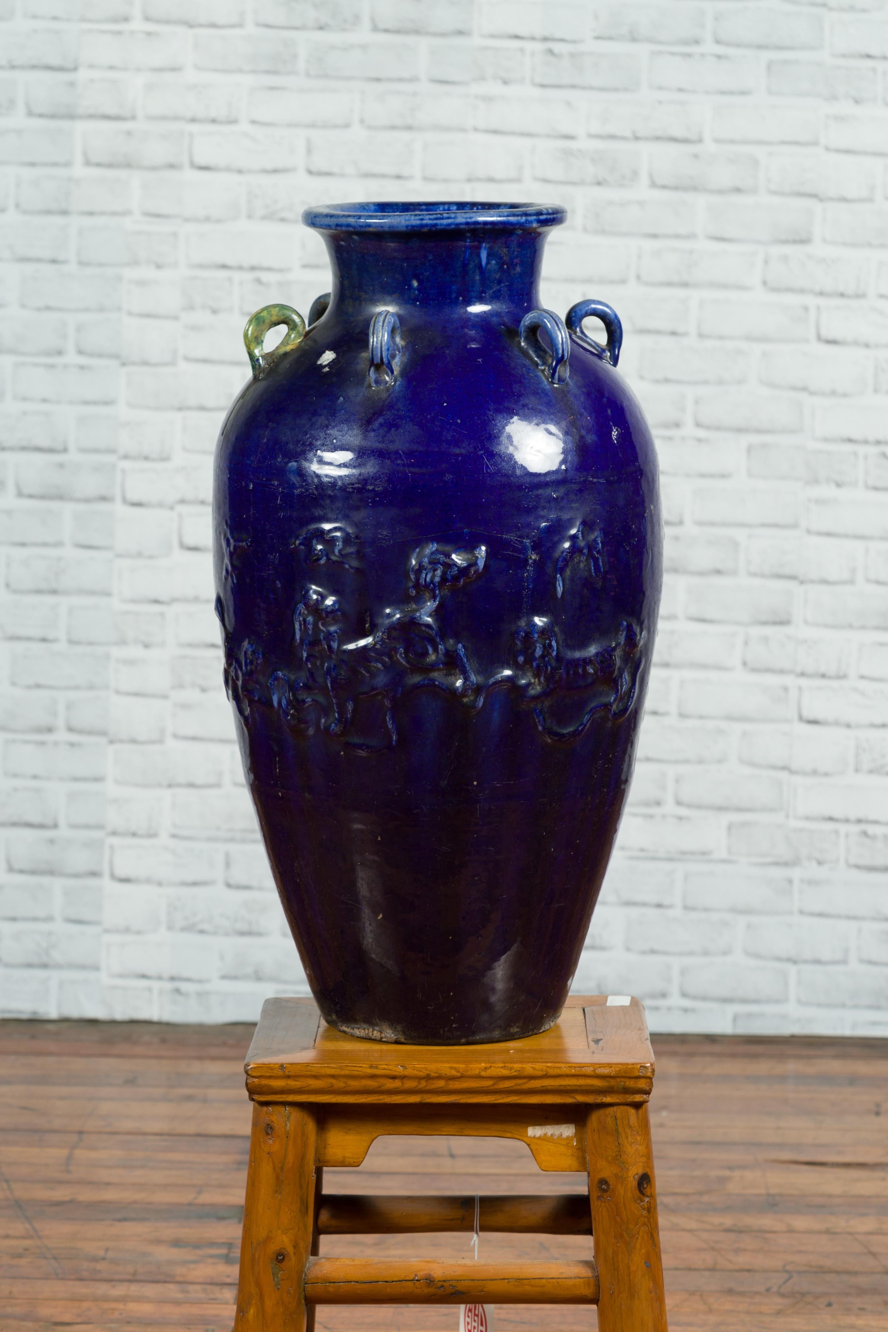 Large Antique Early 20th Century Vietnamese Blue Martaban Jar with Raised Motifs For Sale 3