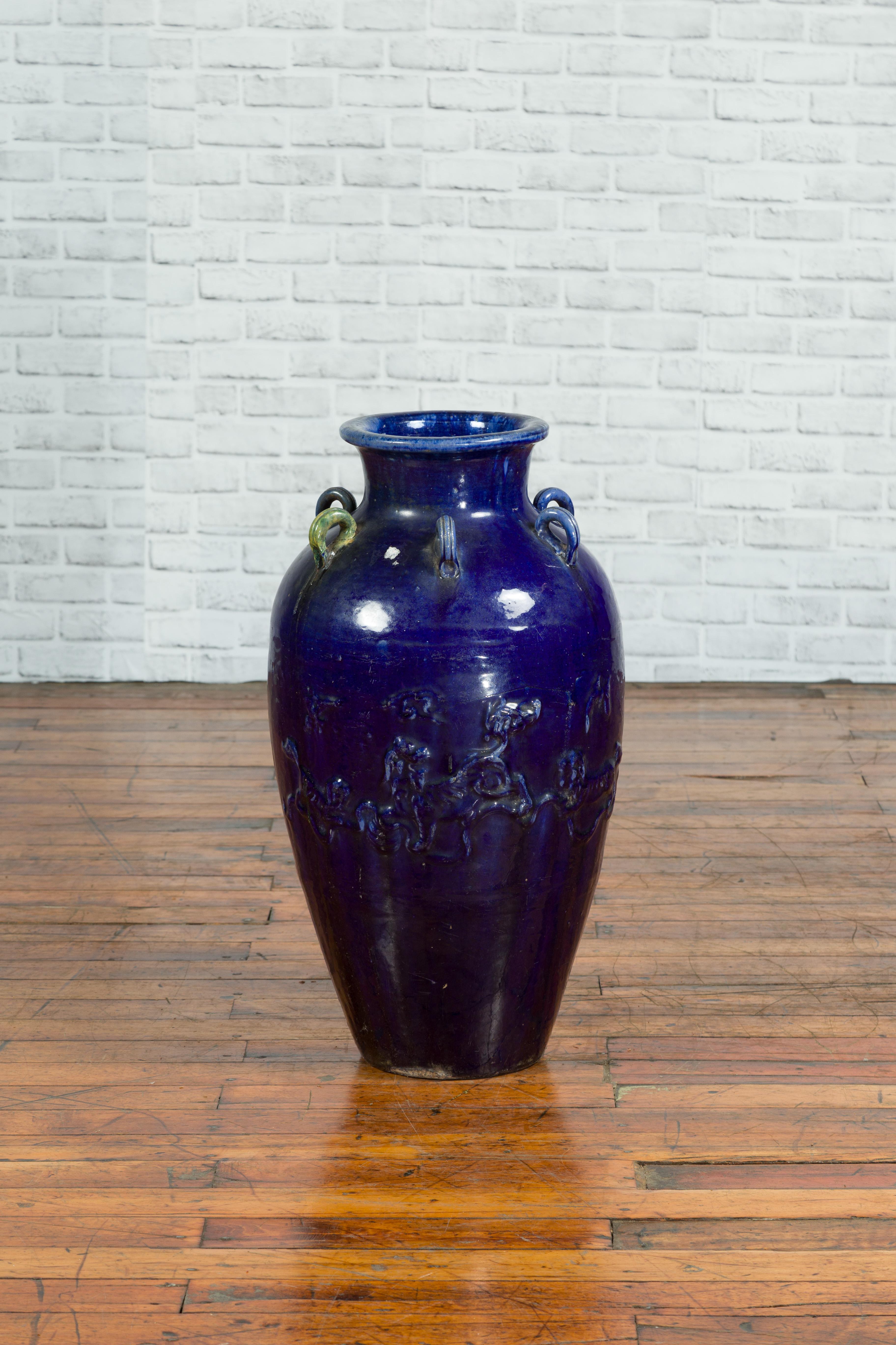 Ceramic Large Antique Early 20th Century Vietnamese Blue Martaban Jar with Raised Motifs For Sale