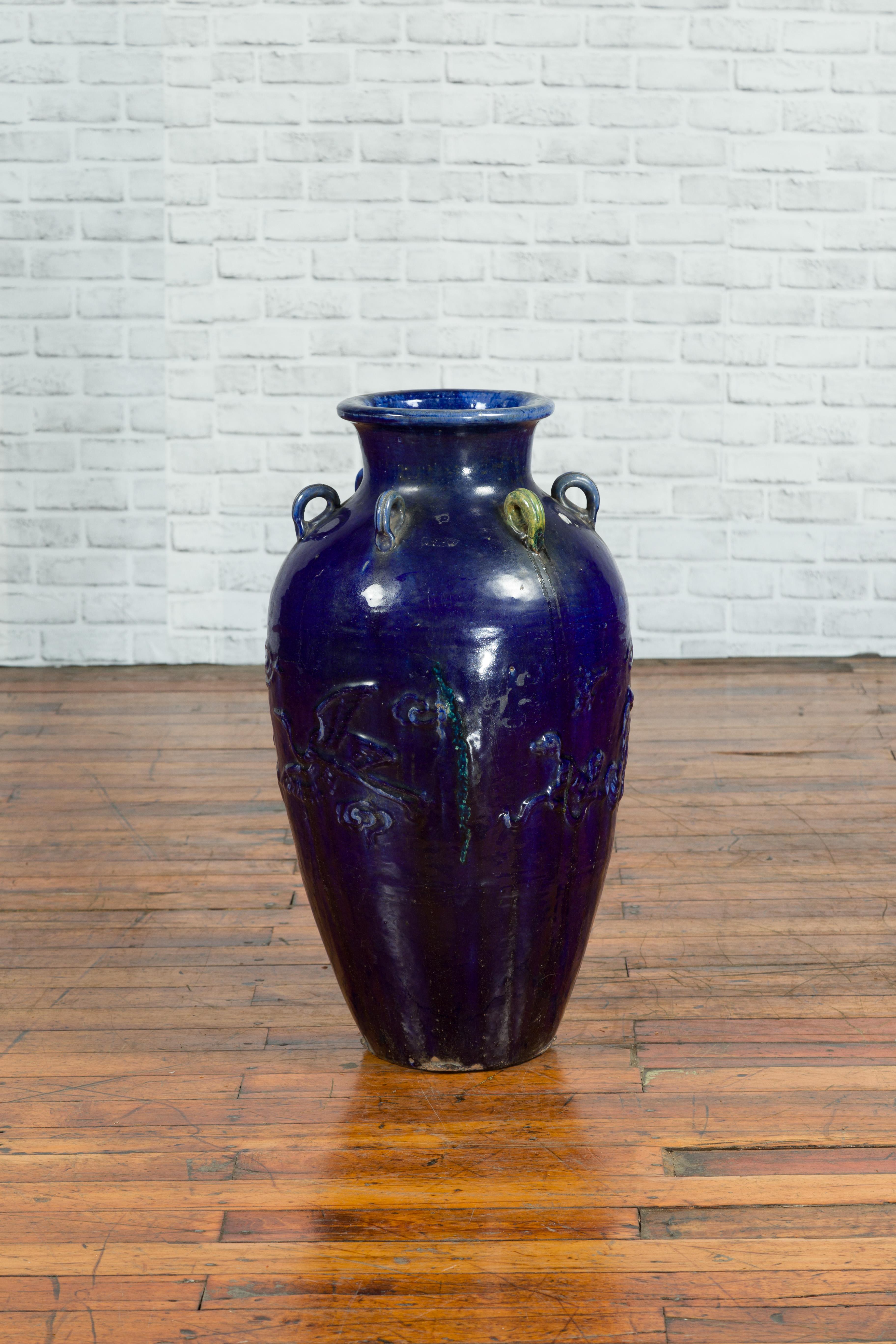 Large Antique Early 20th Century Vietnamese Blue Martaban Jar with Raised Motifs For Sale 1