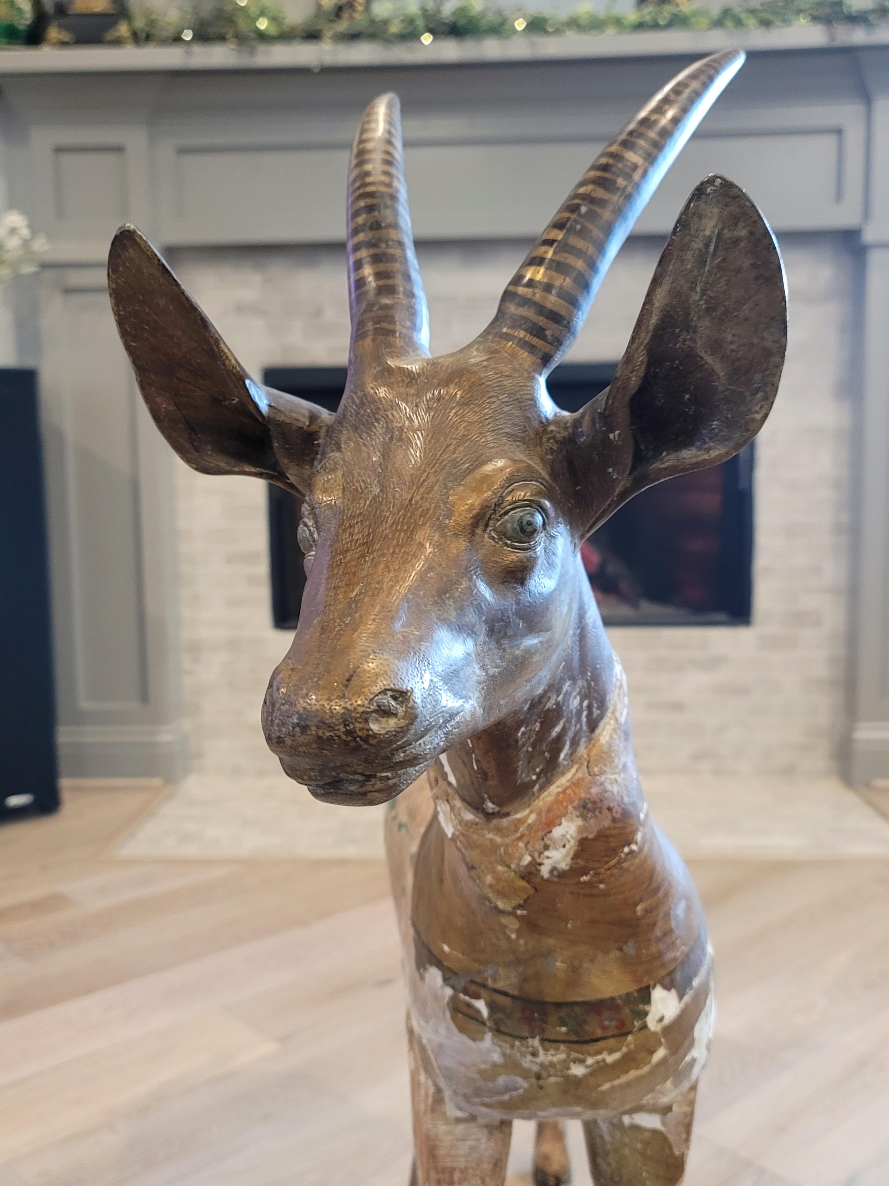 Large Antique East African Carved Wood & Bronze Antelope Deer Folk Art Sculpture For Sale 6