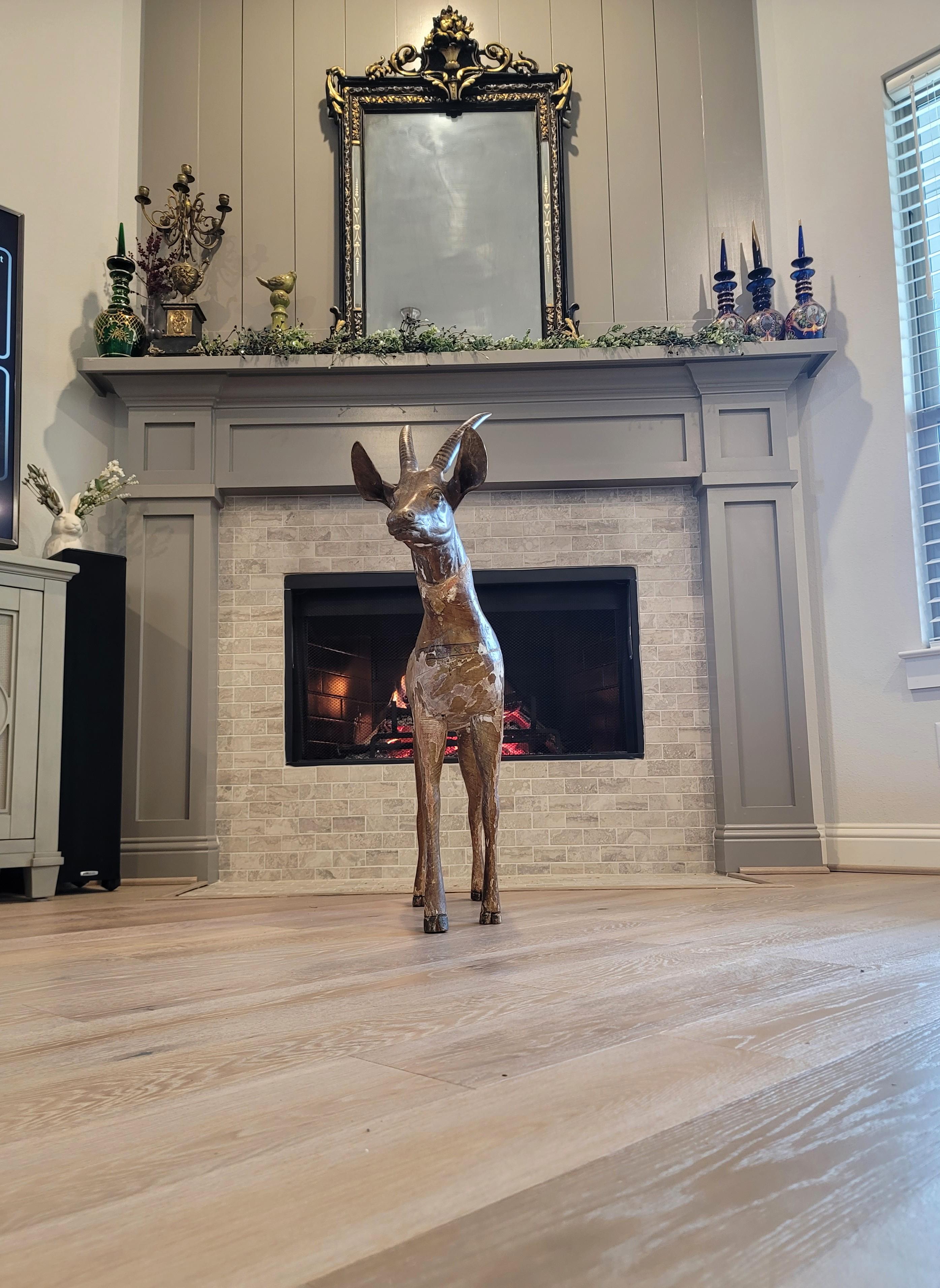 Large Antique East African Carved Wood & Bronze Antelope Deer Folk Art Sculpture For Sale 10