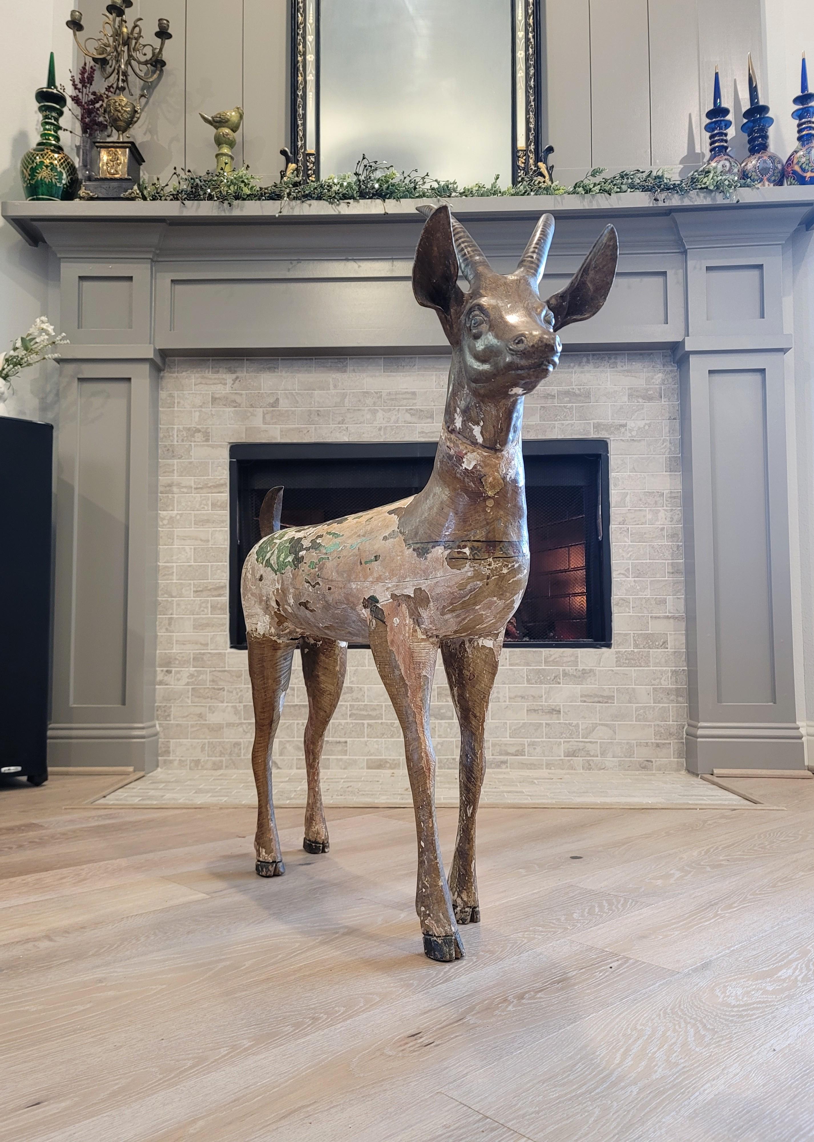Large Antique East African Carved Wood & Bronze Antelope Deer Folk Art Sculpture For Sale 12