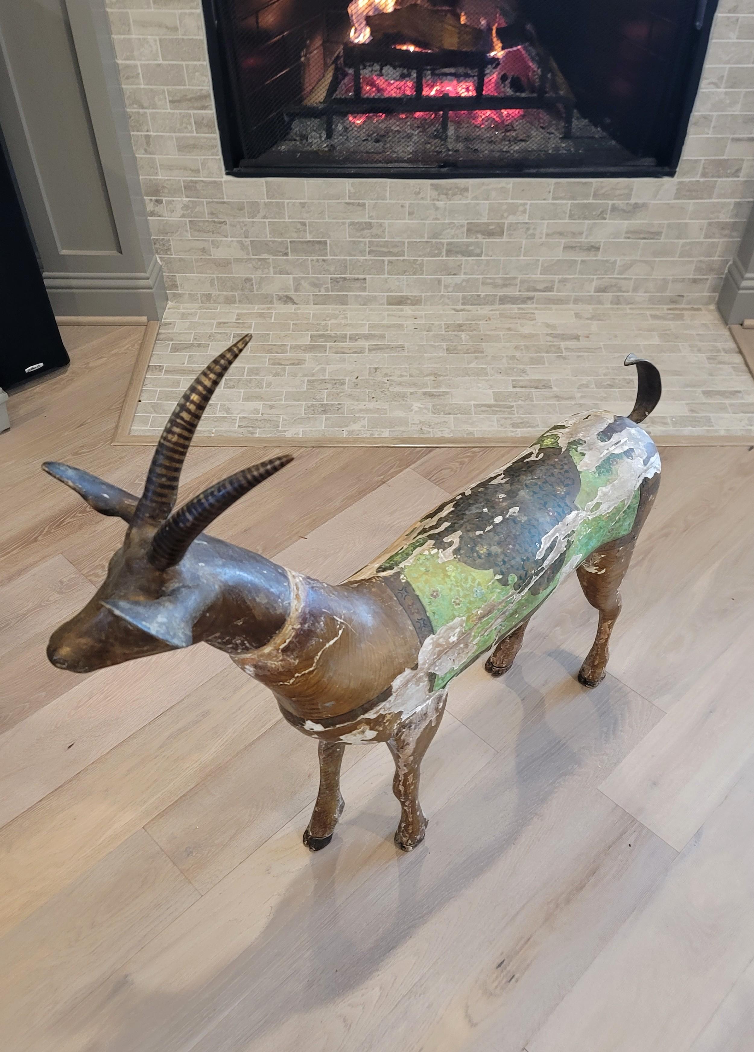 Large Antique East African Carved Wood & Bronze Antelope Deer Folk Art Sculpture For Sale 14