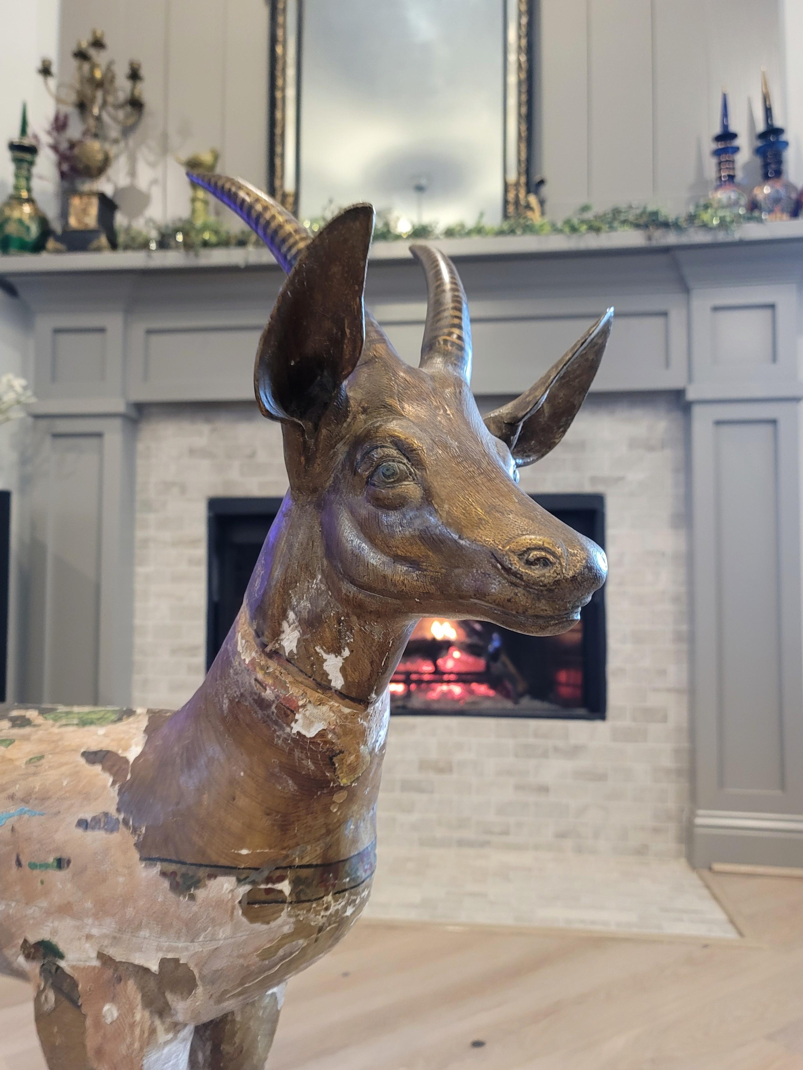 Large Antique East African Carved Wood & Bronze Antelope Deer Folk Art Sculpture In Distressed Condition For Sale In Forney, TX