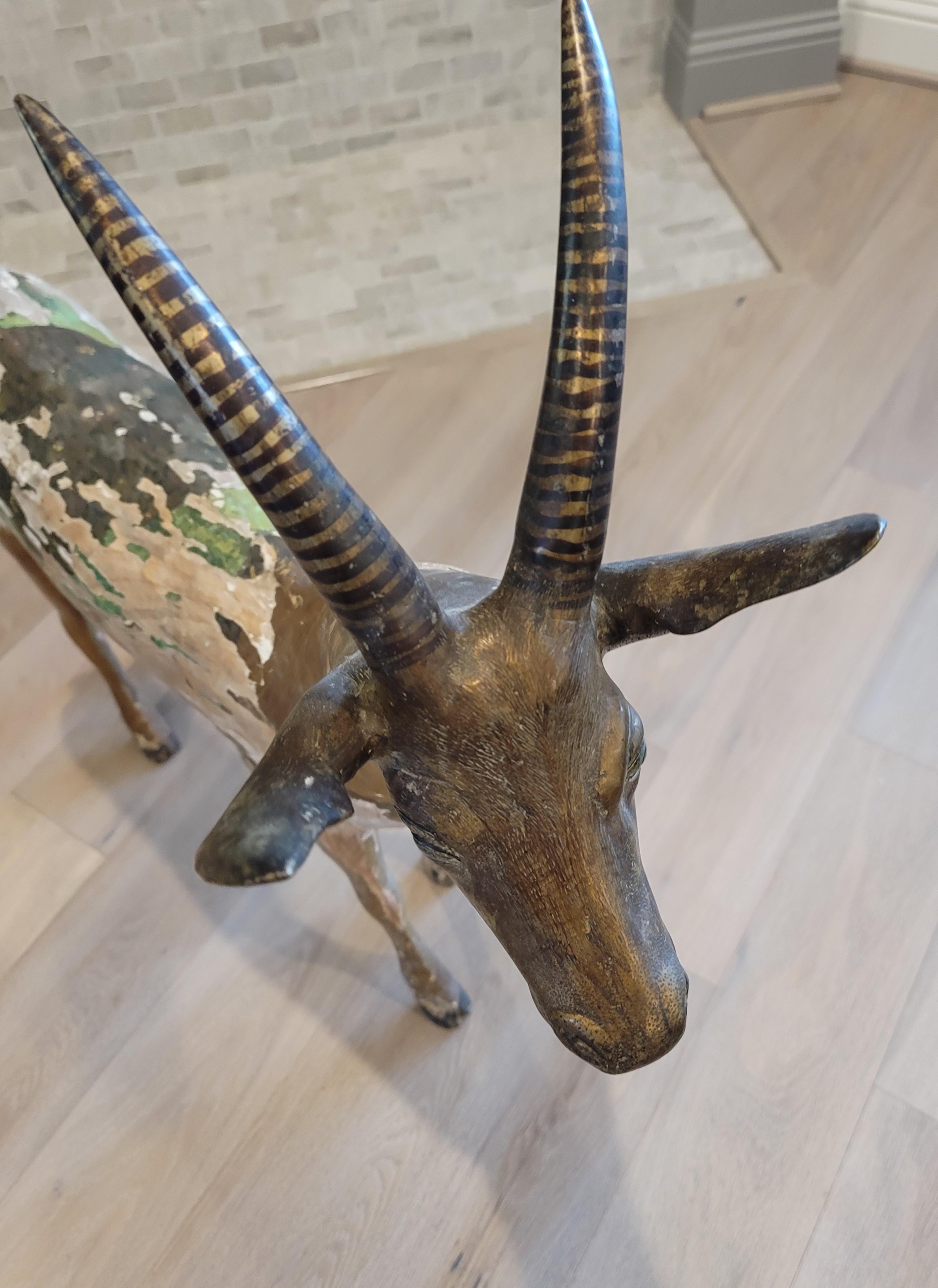 19th Century Large Antique East African Carved Wood & Bronze Antelope Deer Folk Art Sculpture For Sale