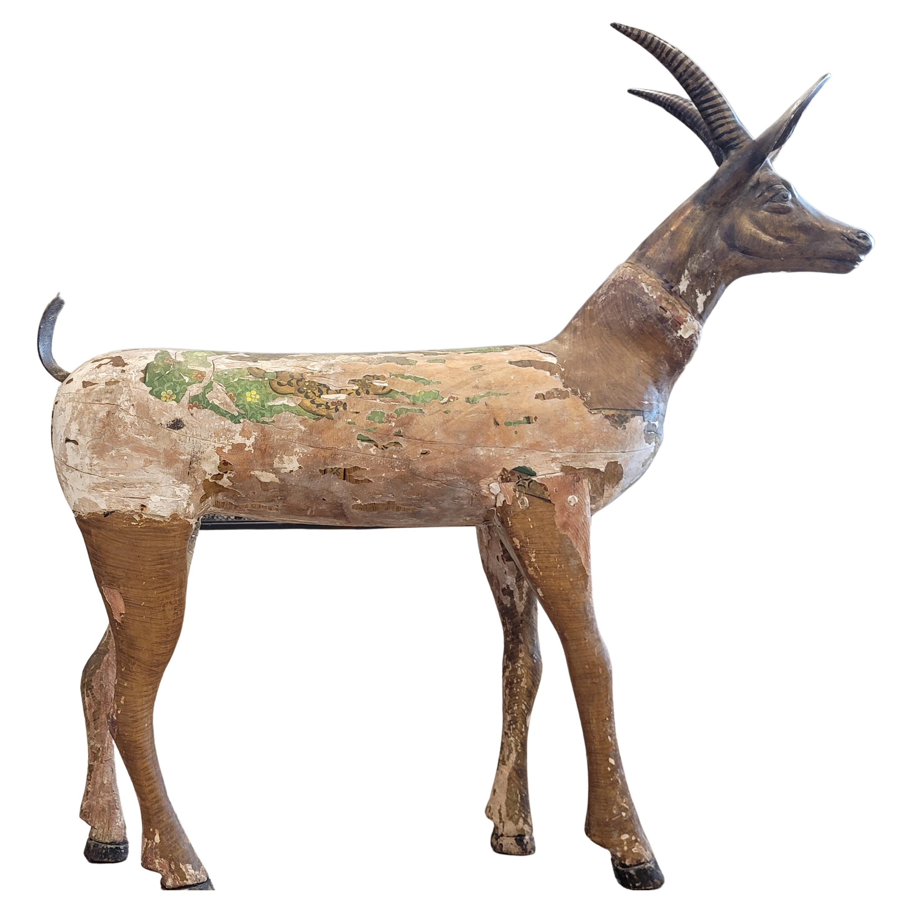 Large Antique East African Carved Wood & Bronze Antelope Deer Folk Art Sculpture For Sale