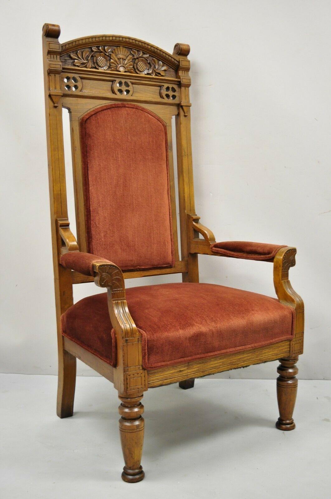 Large Antique Eastlake Victorian Oak Wood Revival Altar Throne Pulpit Arm Chair 5