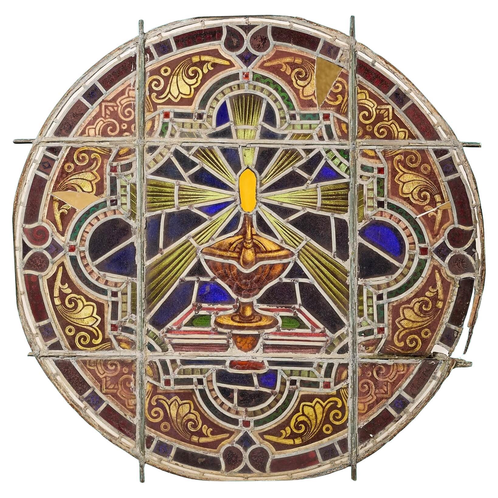 Große antike Ecclesiastical Roundel Stained glass Panel im Angebot