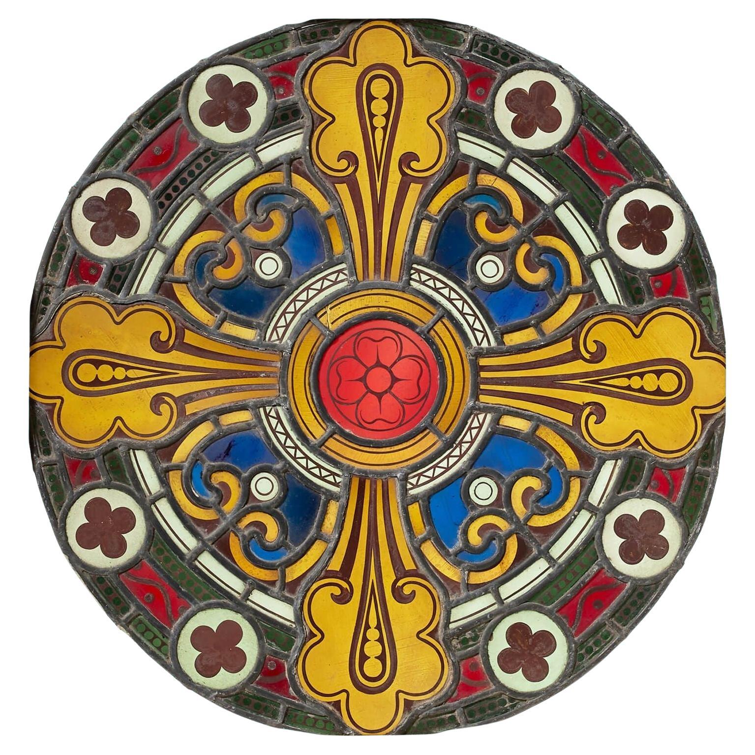 Large Antique Ecclesiastical Stained Glass Roundel Window