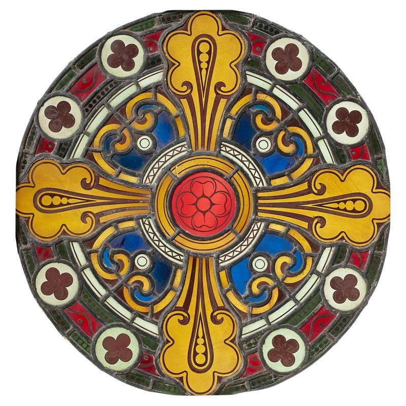 Antique Victorian Stained Glass Roundel of Woman Playing Lyre For Sale ...