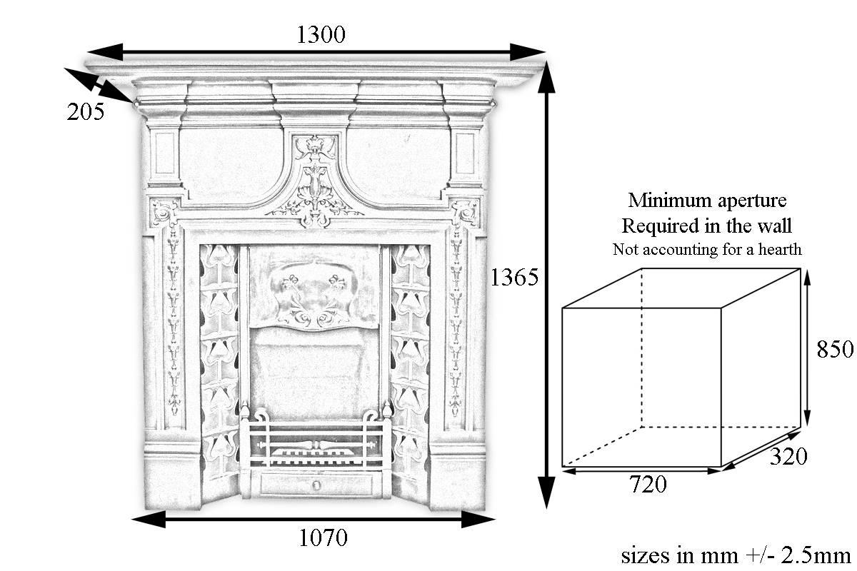 Large antique Edwardian Art Nouveau cast iron combination fireplace with stylized flowers to the centre of a sweeping frieze. The legs decorated with bell flowers. Complete with adjustable canopy also in the Art Nouveau manner and flat but ornate