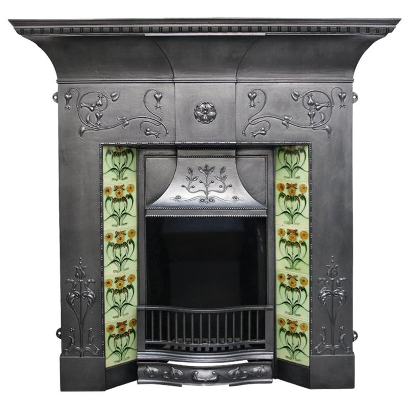 Large Antique Edwardian Art Nouveau Cast Iron Combination Fireplace